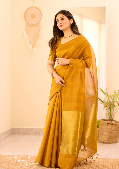 Kanchi Silk Cotton Mustard Yellow Saree