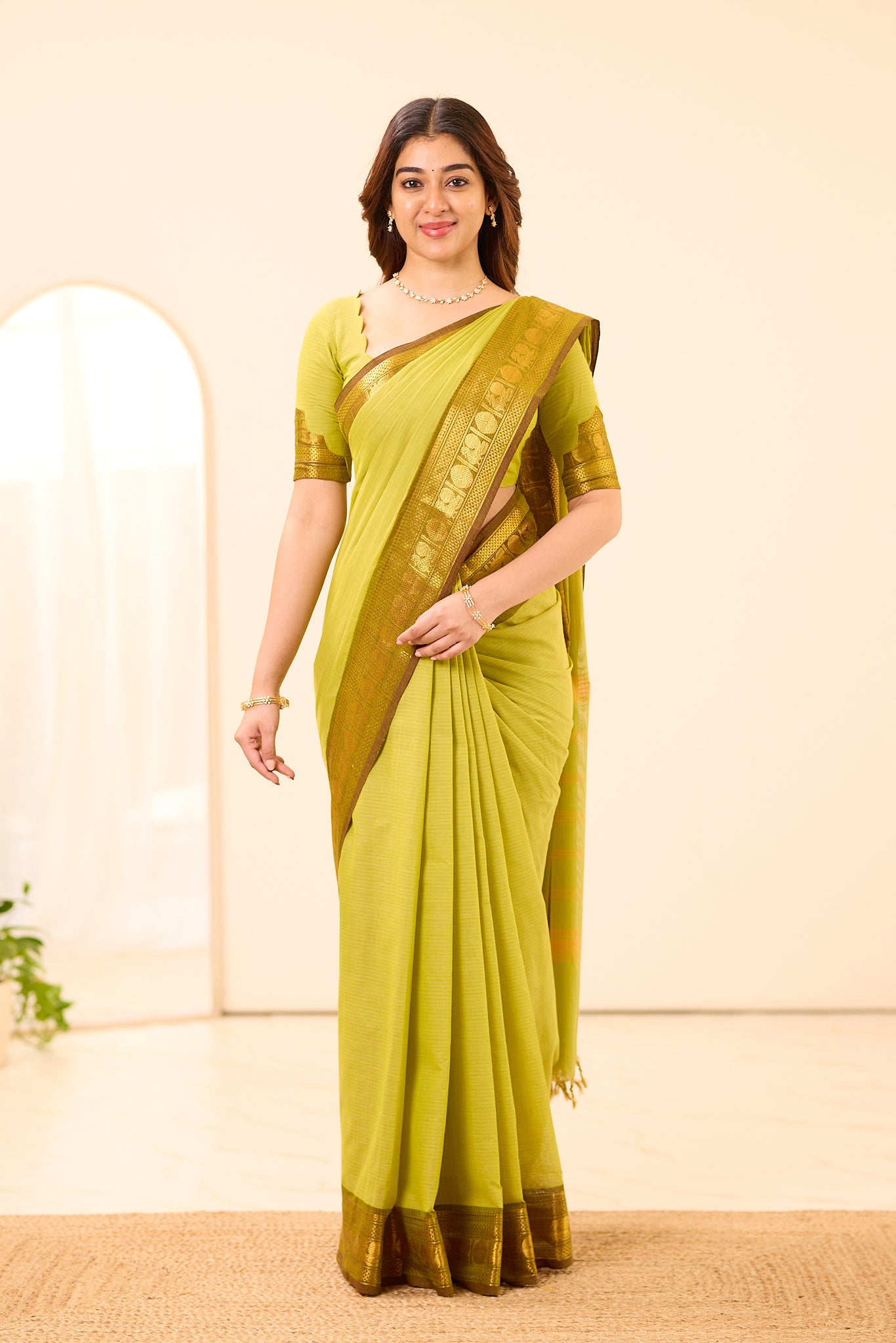 Lime Green Chettinad Cotton Saree