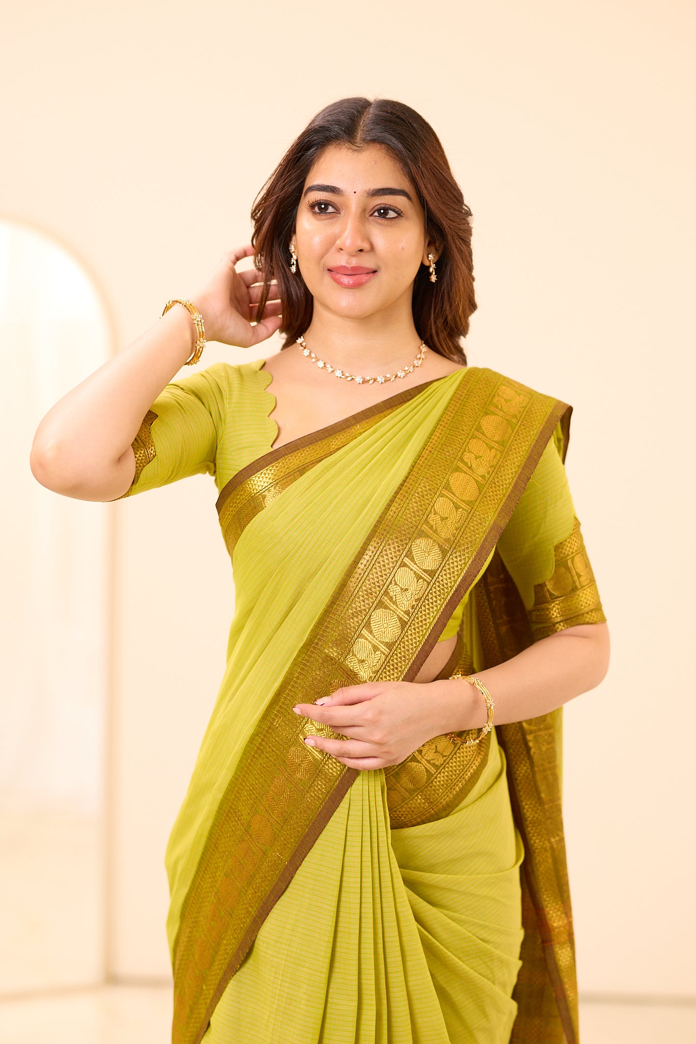 Lime Green Chettinad Cotton Saree