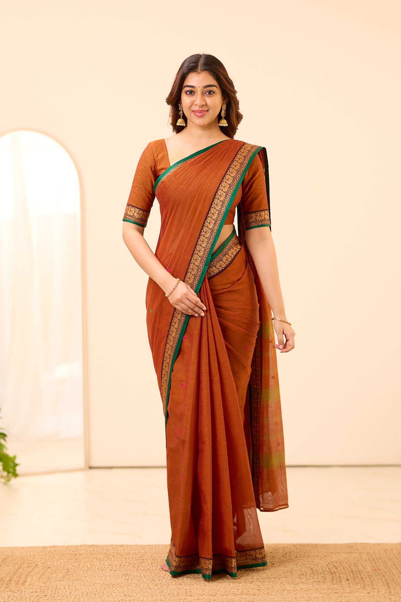 Rust Brown Chettinad cotton Saree