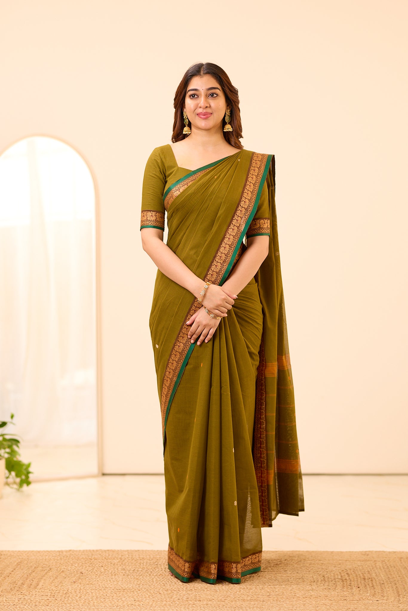 Olive Green Chettinad Cotton Saree