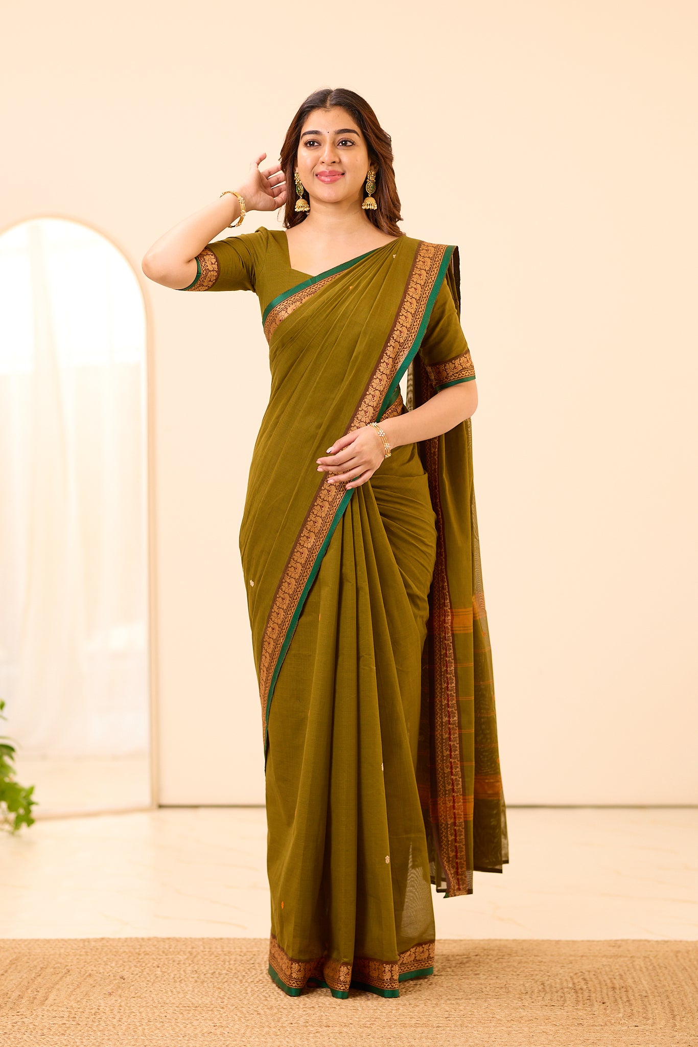 Olive Green Chettinad Cotton Saree
