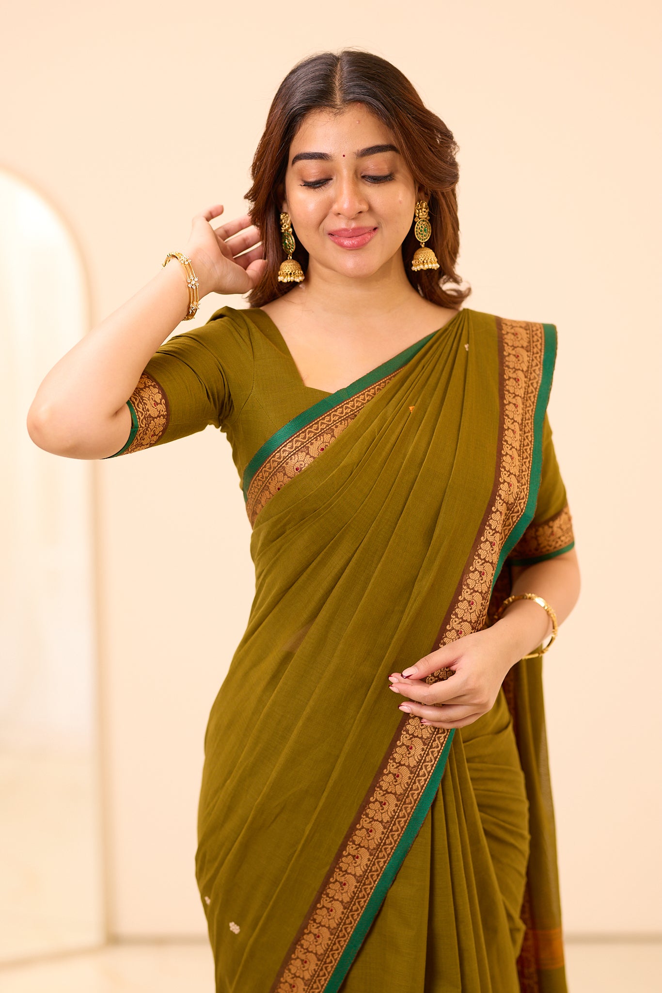 Olive Green Chettinad Cotton Saree