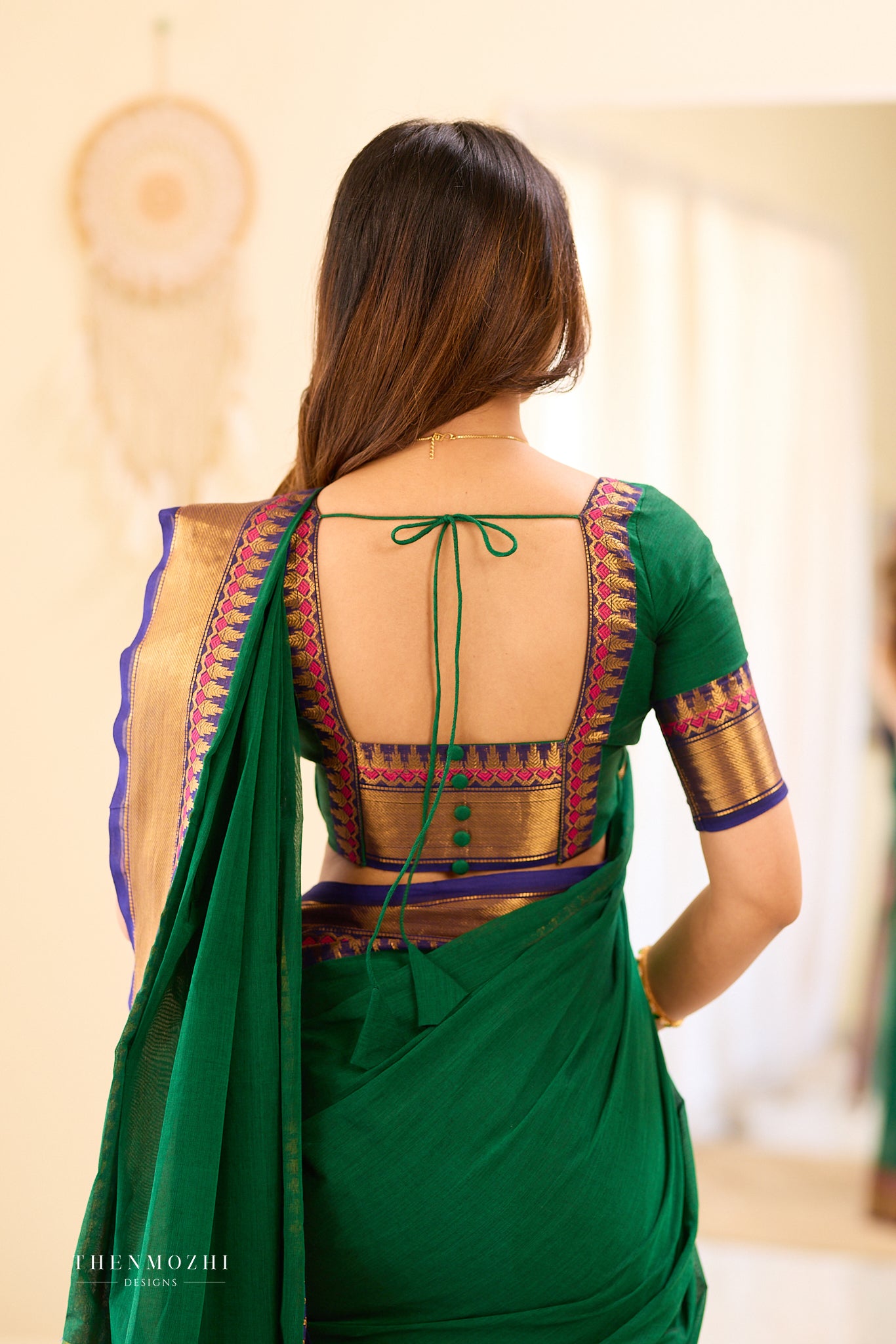 Green and Blue Border Chettinad Cotton Blouse