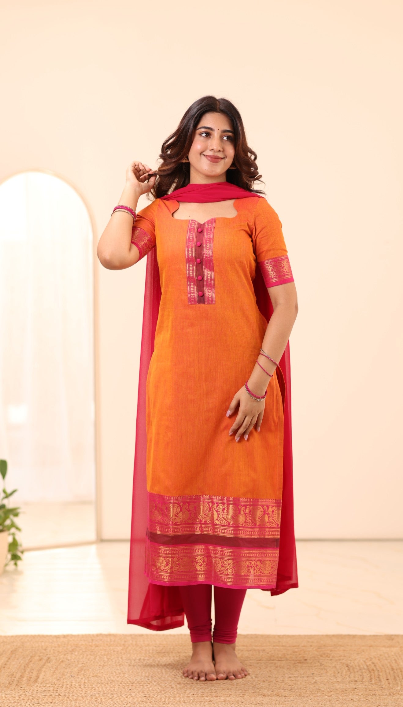 Bright Orange with Rani Pink Border Chettinad Cotton Top and Dupatta