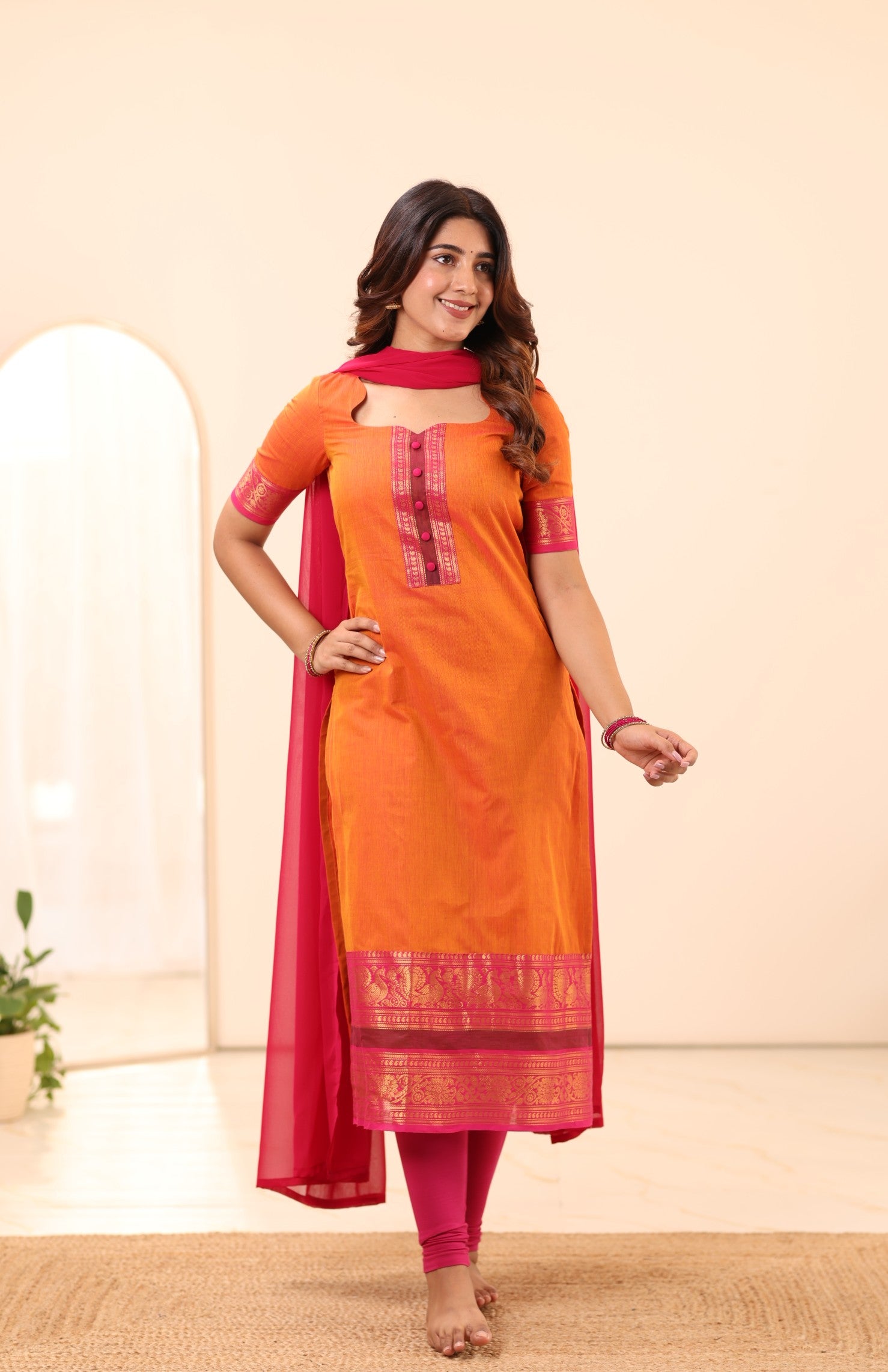 Bright Orange with Rani Pink Border Chettinad Cotton Top and Dupatta