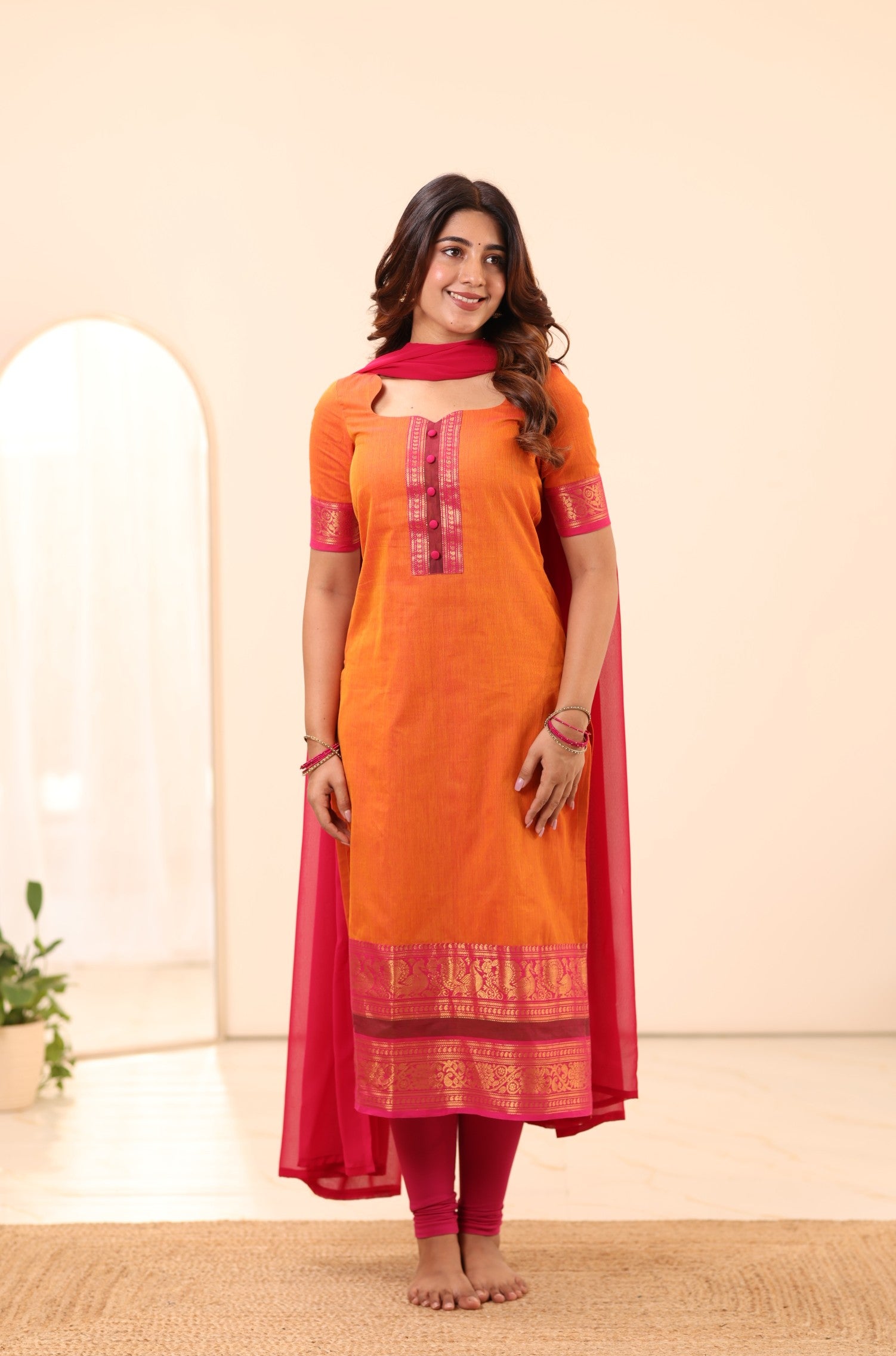 Bright Orange with Rani Pink Border Chettinad Cotton Top and Dupatta