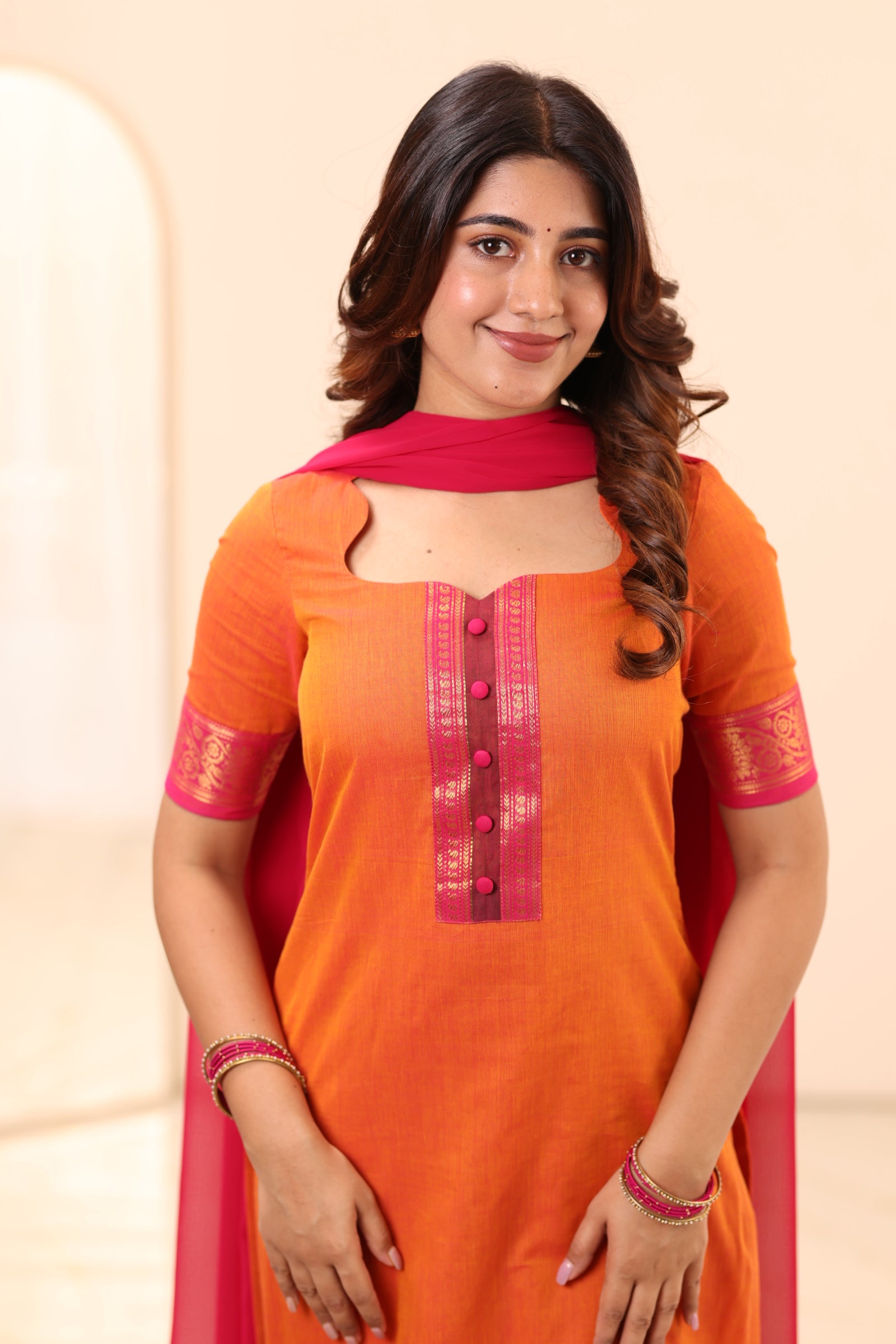 Bright Orange with Rani Pink Border Chettinad Cotton Top and Dupatta