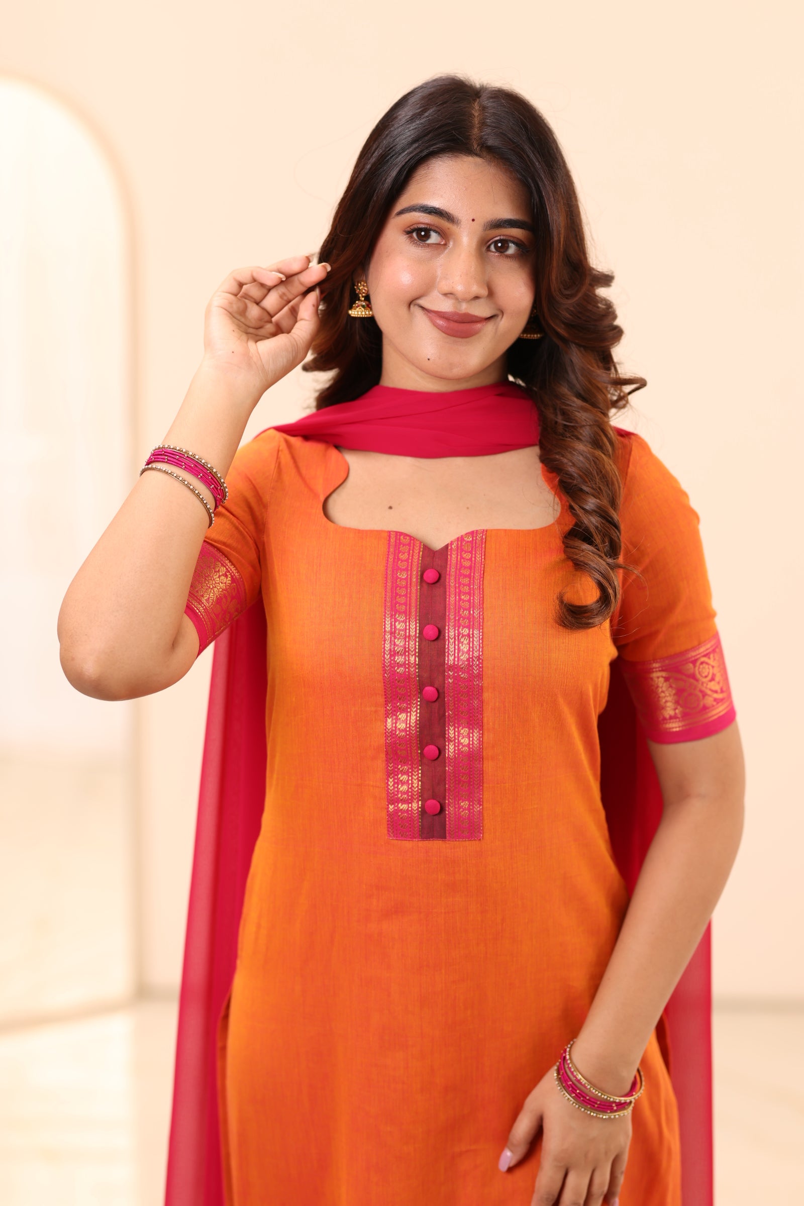 Bright Orange with Rani Pink Border Chettinad Cotton Top and Dupatta