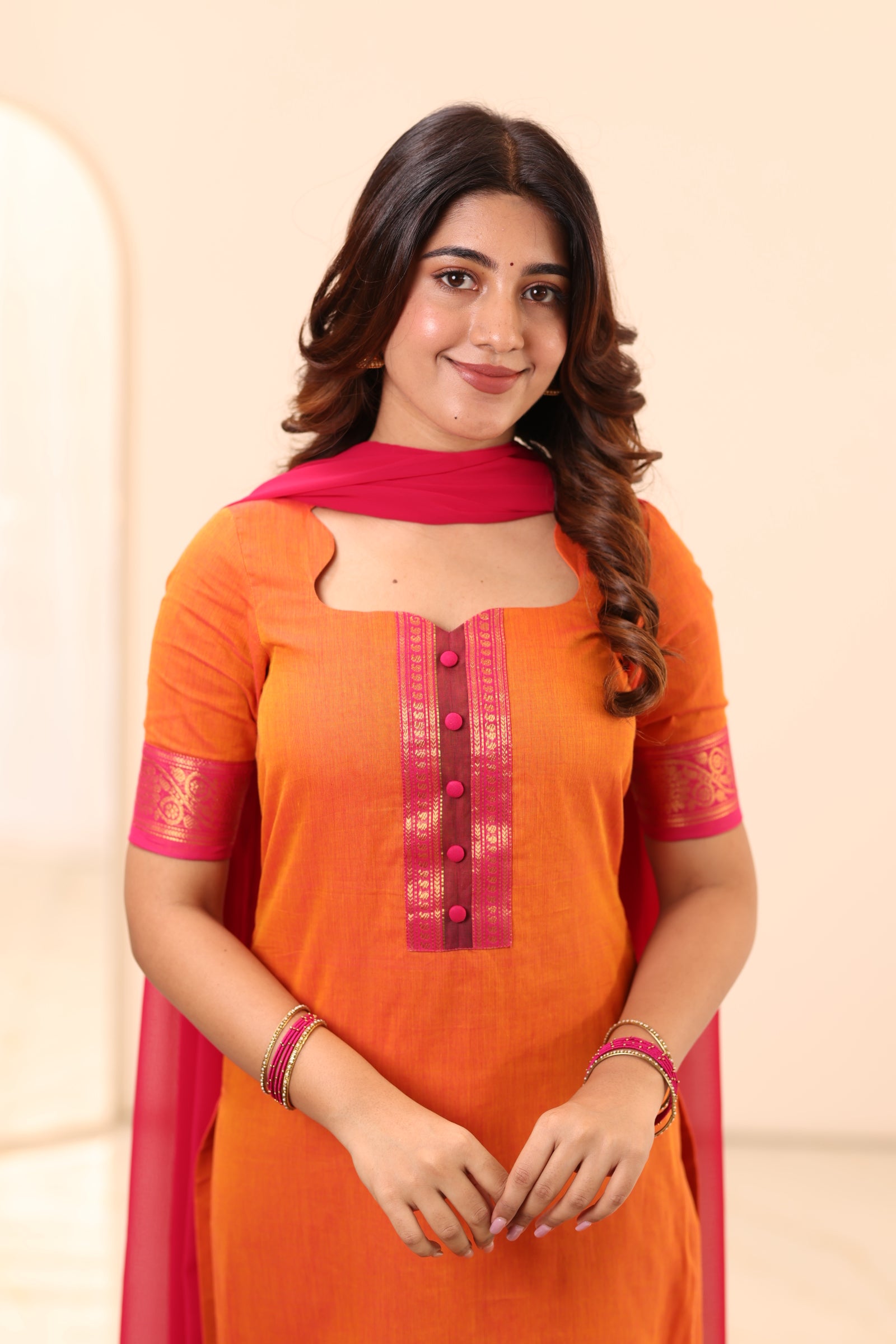 Bright Orange with Rani Pink Border Chettinad Cotton Top and Dupatta