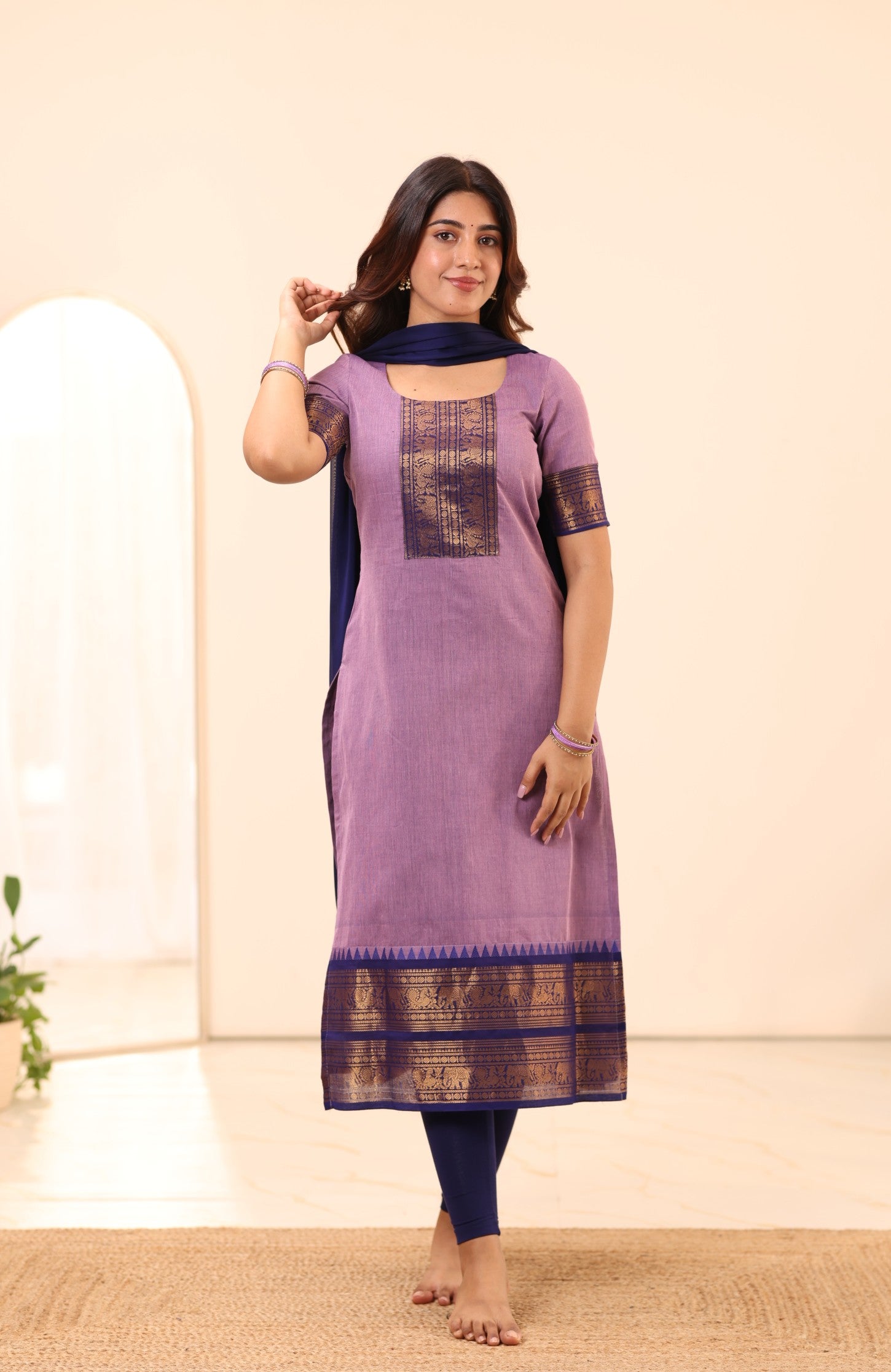 Soft Lavender with Deep Blue Chettinad Cotton Top and Dupatta