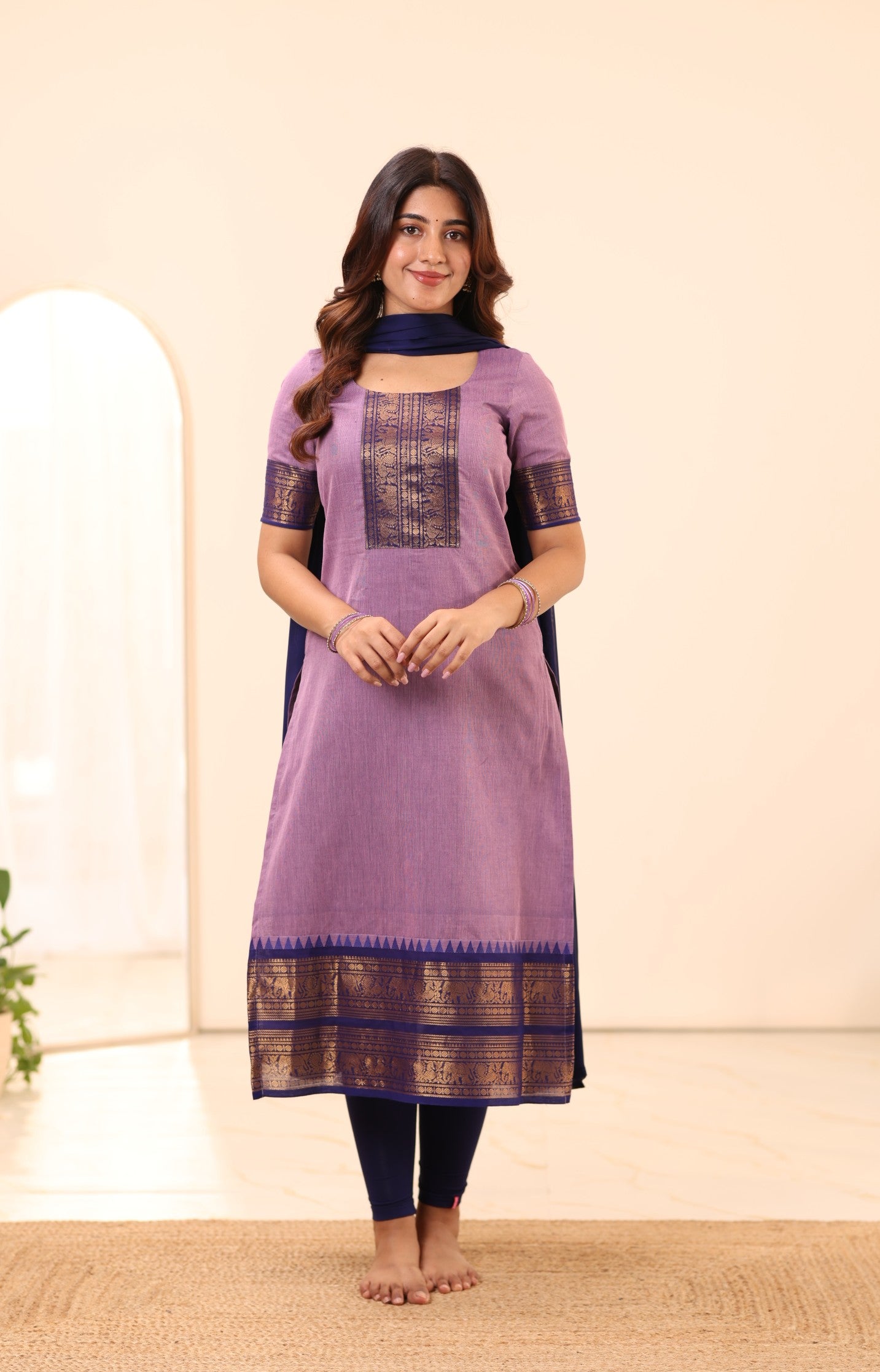 Soft Lavender with Deep Blue Chettinad Cotton Top and Dupatta