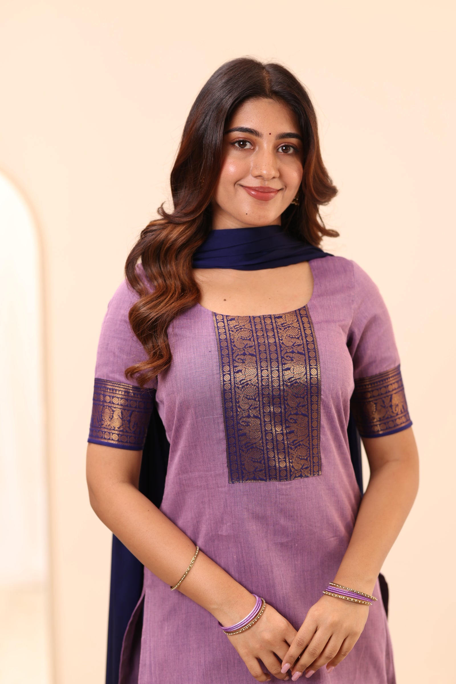Soft Lavender with Deep Blue Chettinad Cotton Top and Dupatta