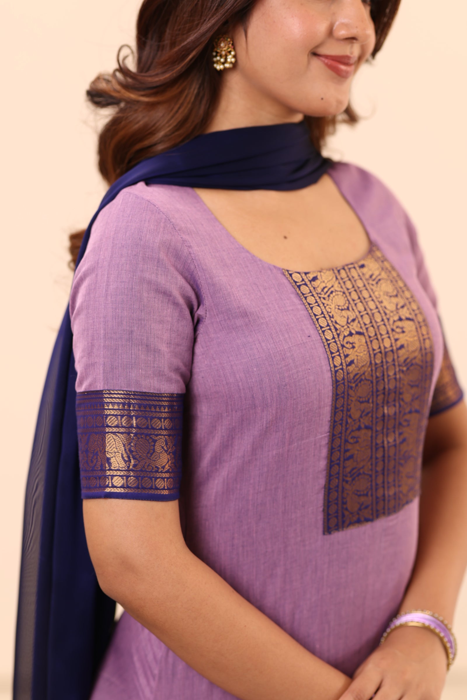 Soft Lavender with Deep Blue Chettinad Cotton Top and Dupatta