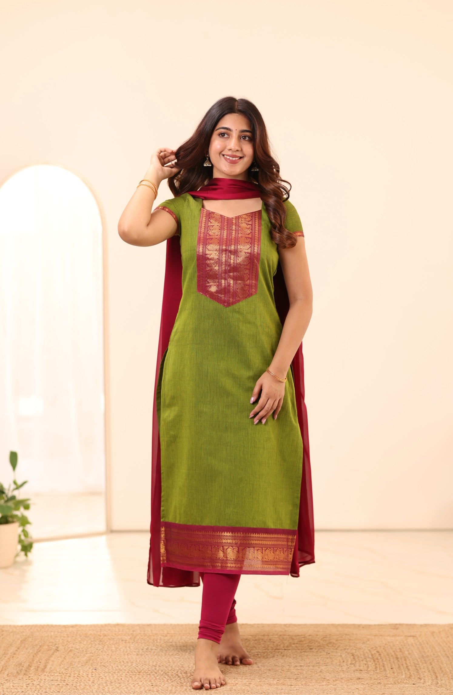 Olive Green with Rani Pink Border Chettinad Cotton Top and Dupatta
