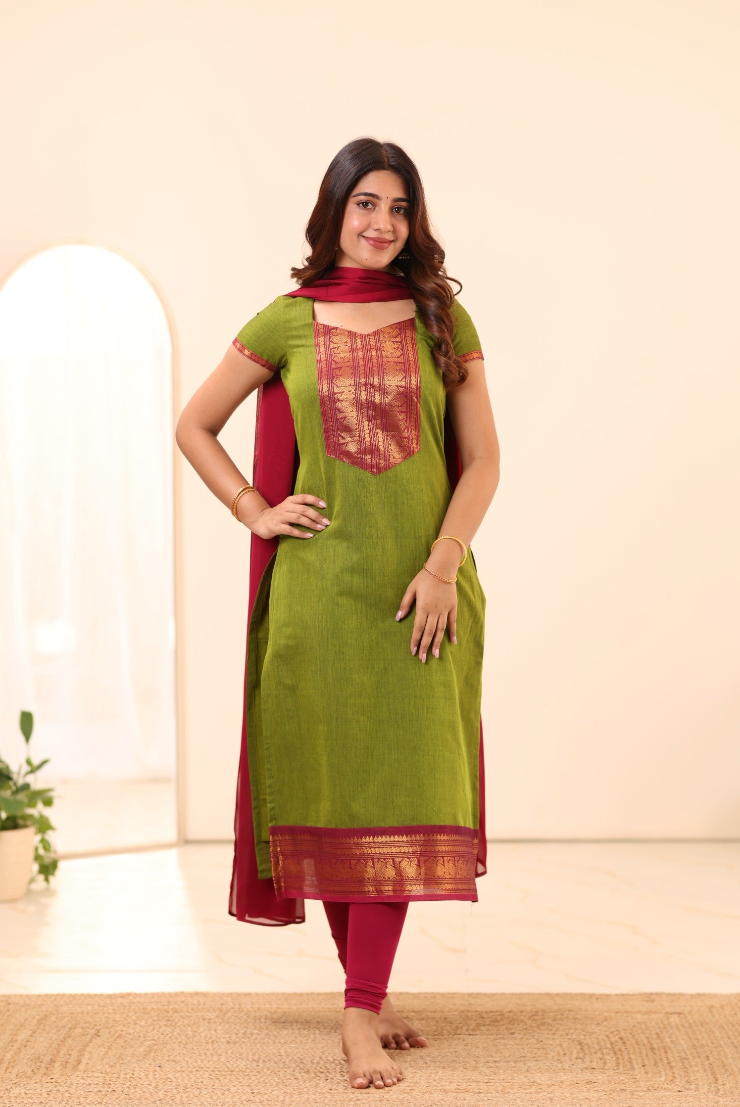 Olive Green with Rani Pink Border Chettinad Cotton Top and Dupatta