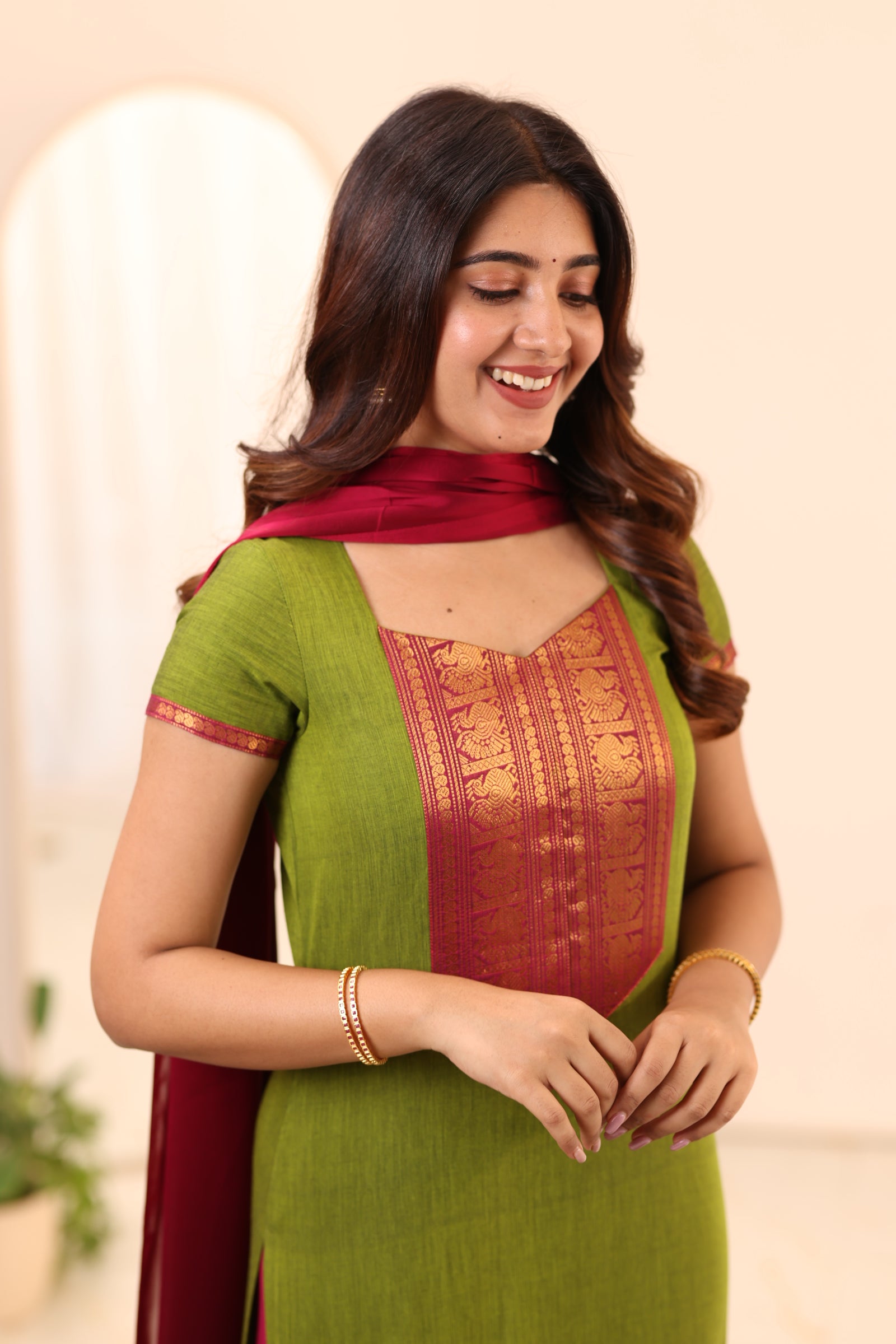 Olive Green with Rani Pink Border Chettinad Cotton Top and Dupatta