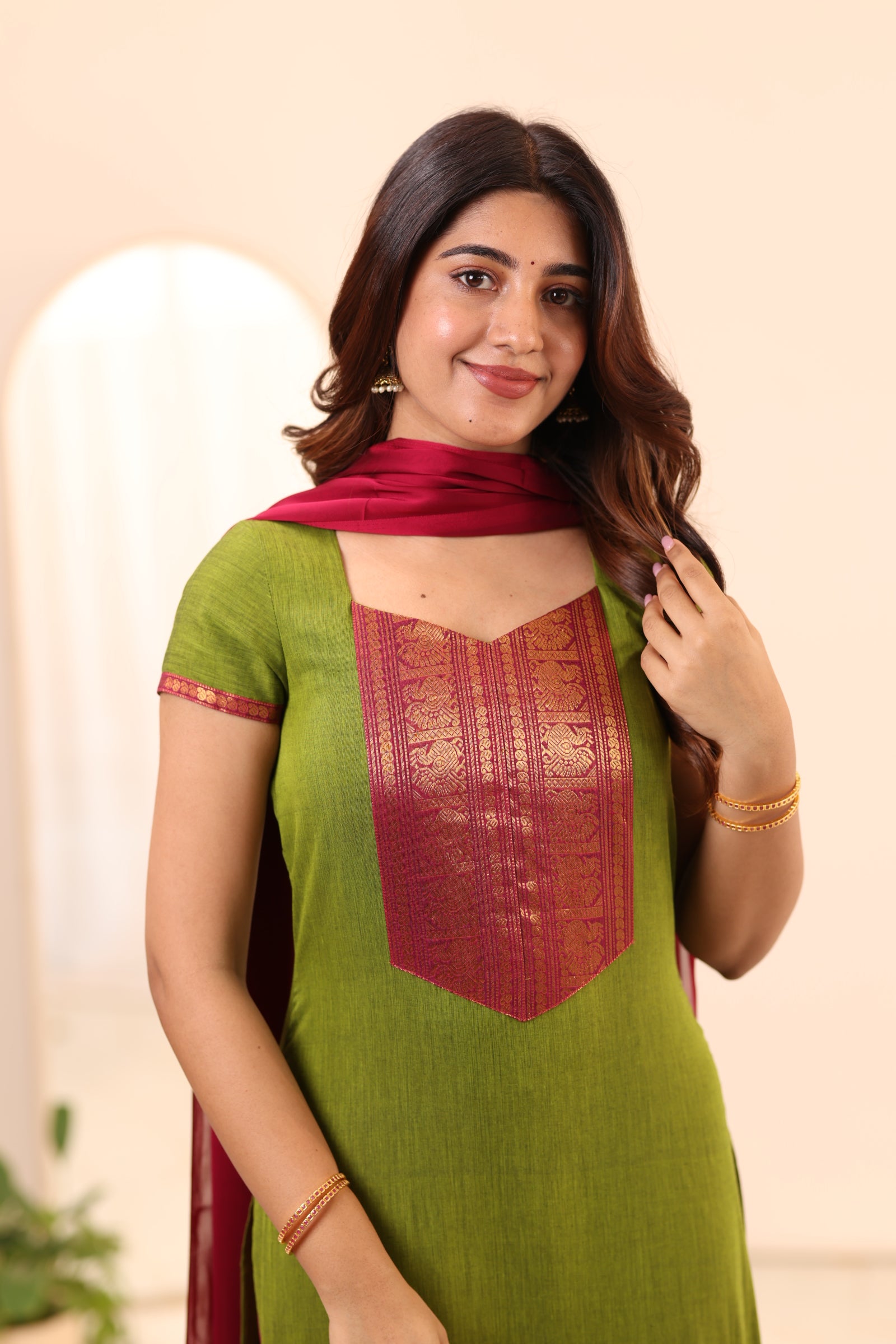 Olive Green with Rani Pink Border Chettinad Cotton Top and Dupatta