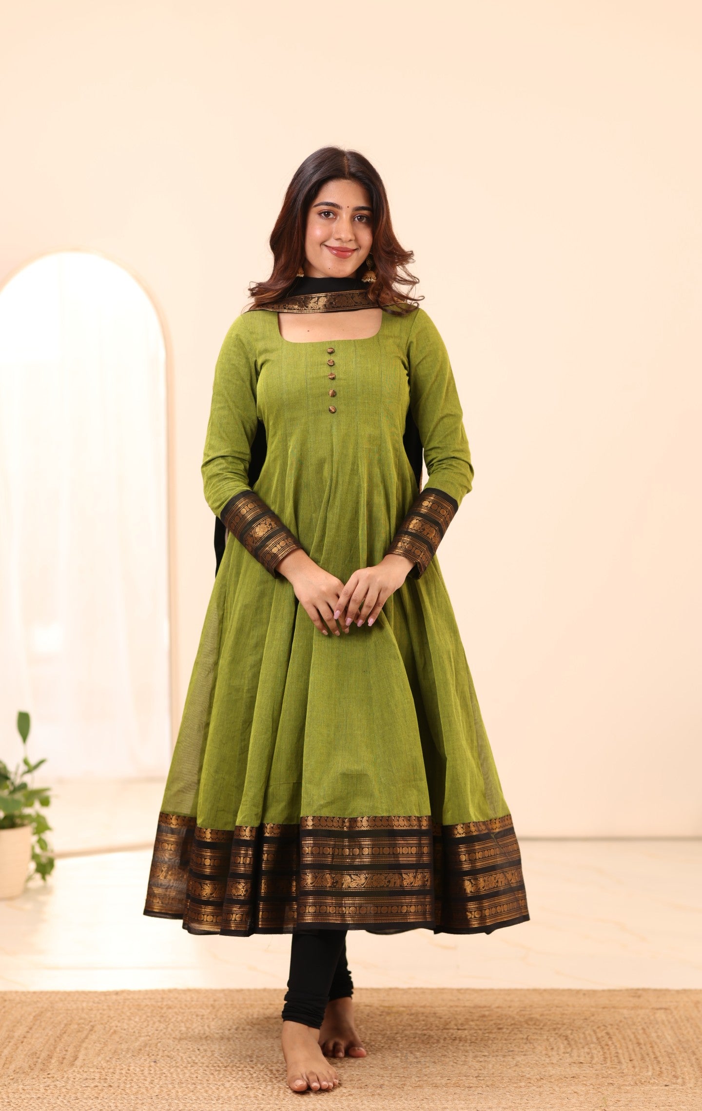 Olive Green with Black Zari Chettinad Cotton Kali Top and Dupatta