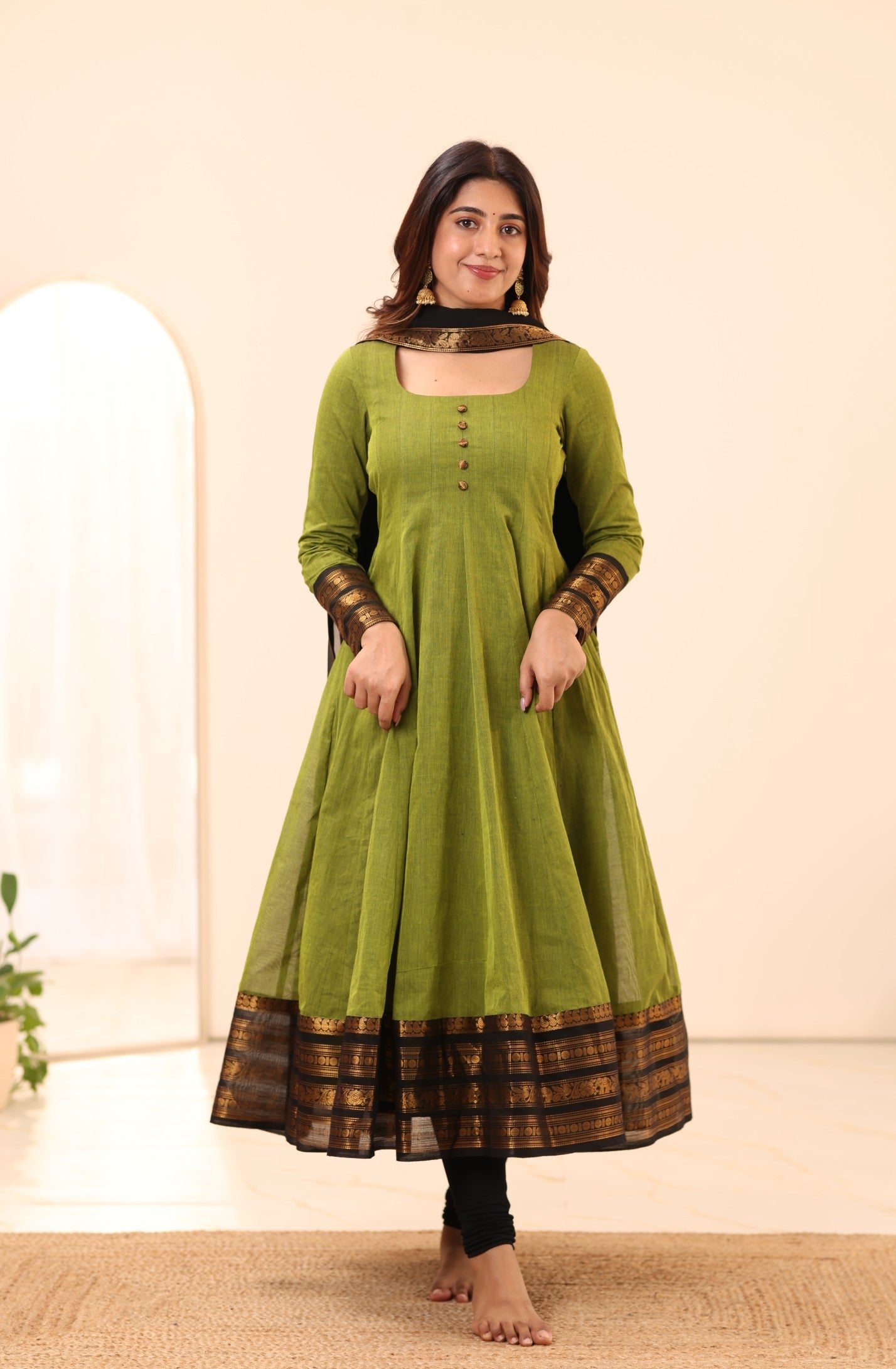 Olive Green with Black Zari Chettinad Cotton Kali Top and Dupatta