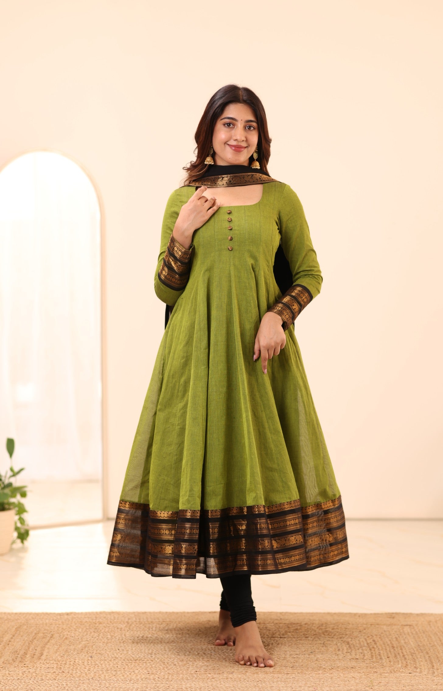 Olive Green with Black Zari Chettinad Cotton Kali Top and Dupatta