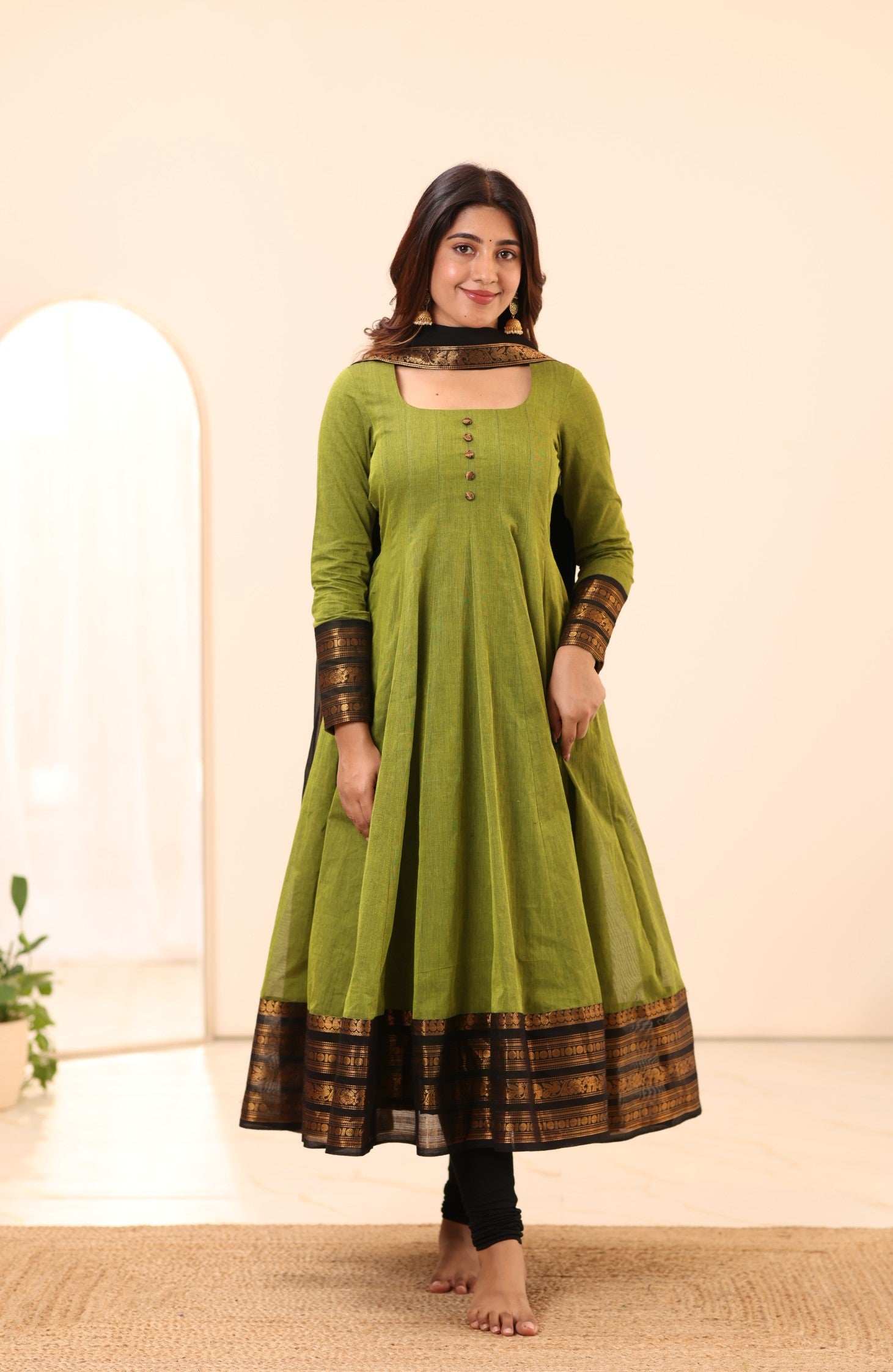 Olive Green with Black Zari Chettinad Cotton Kali Top and Dupatta