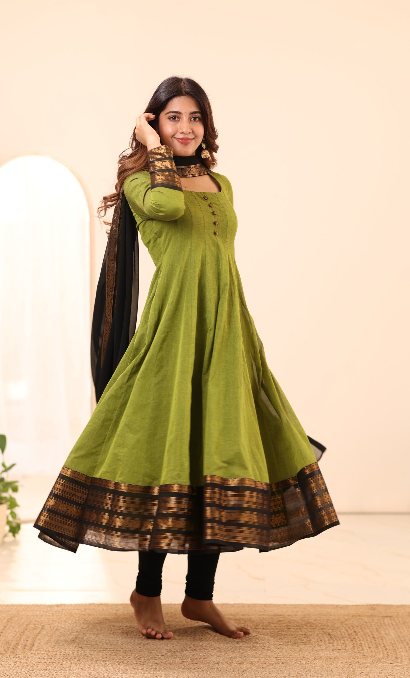 Olive Green with Black Zari Chettinad Cotton Kali Top and Dupatta