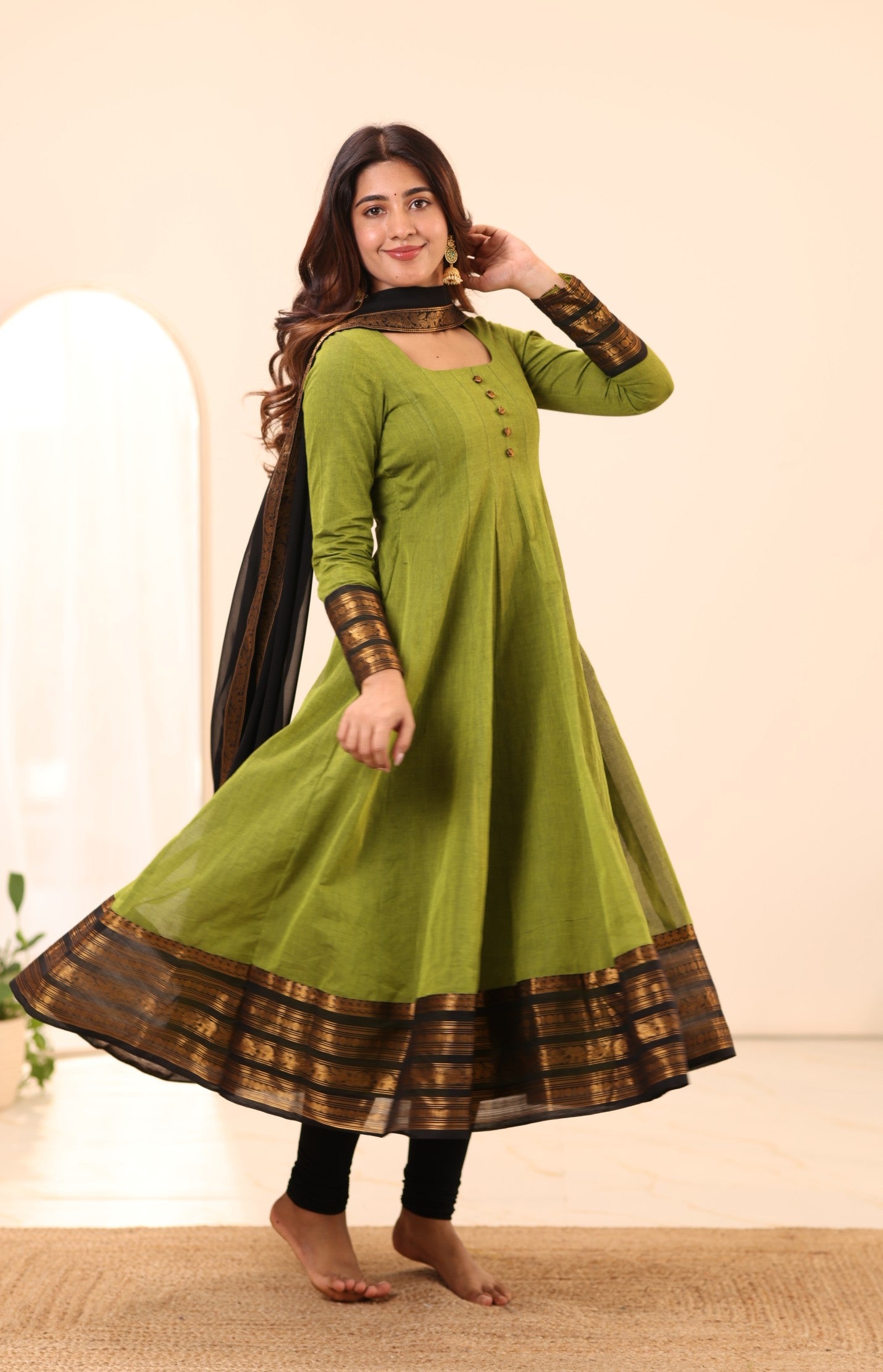 Olive Green with Black Zari Chettinad Cotton Kali Top and Dupatta