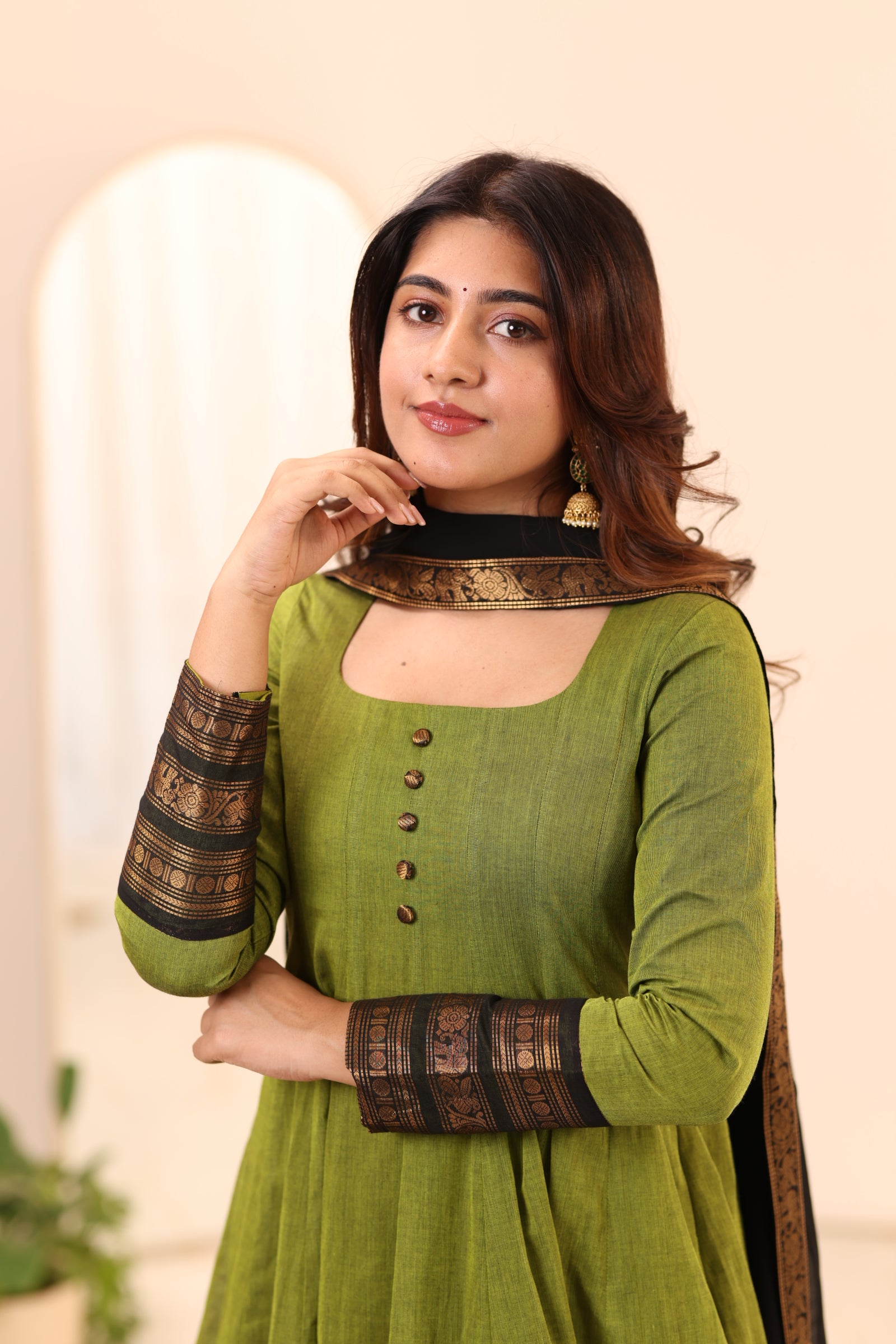 Olive Green with Black Zari Chettinad Cotton Kali Top and Dupatta