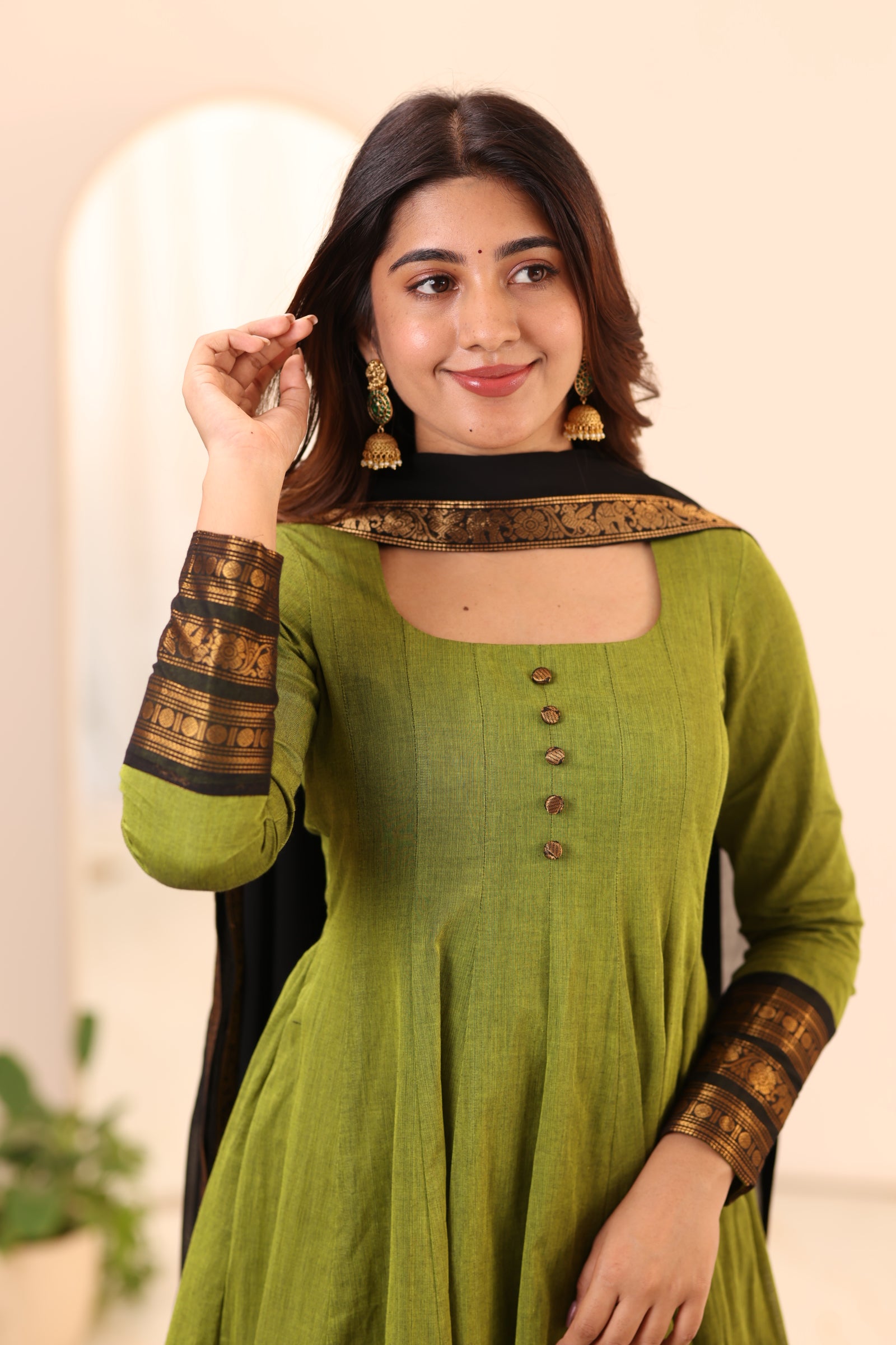Olive Green with Black Zari Chettinad Cotton Kali Top and Dupatta
