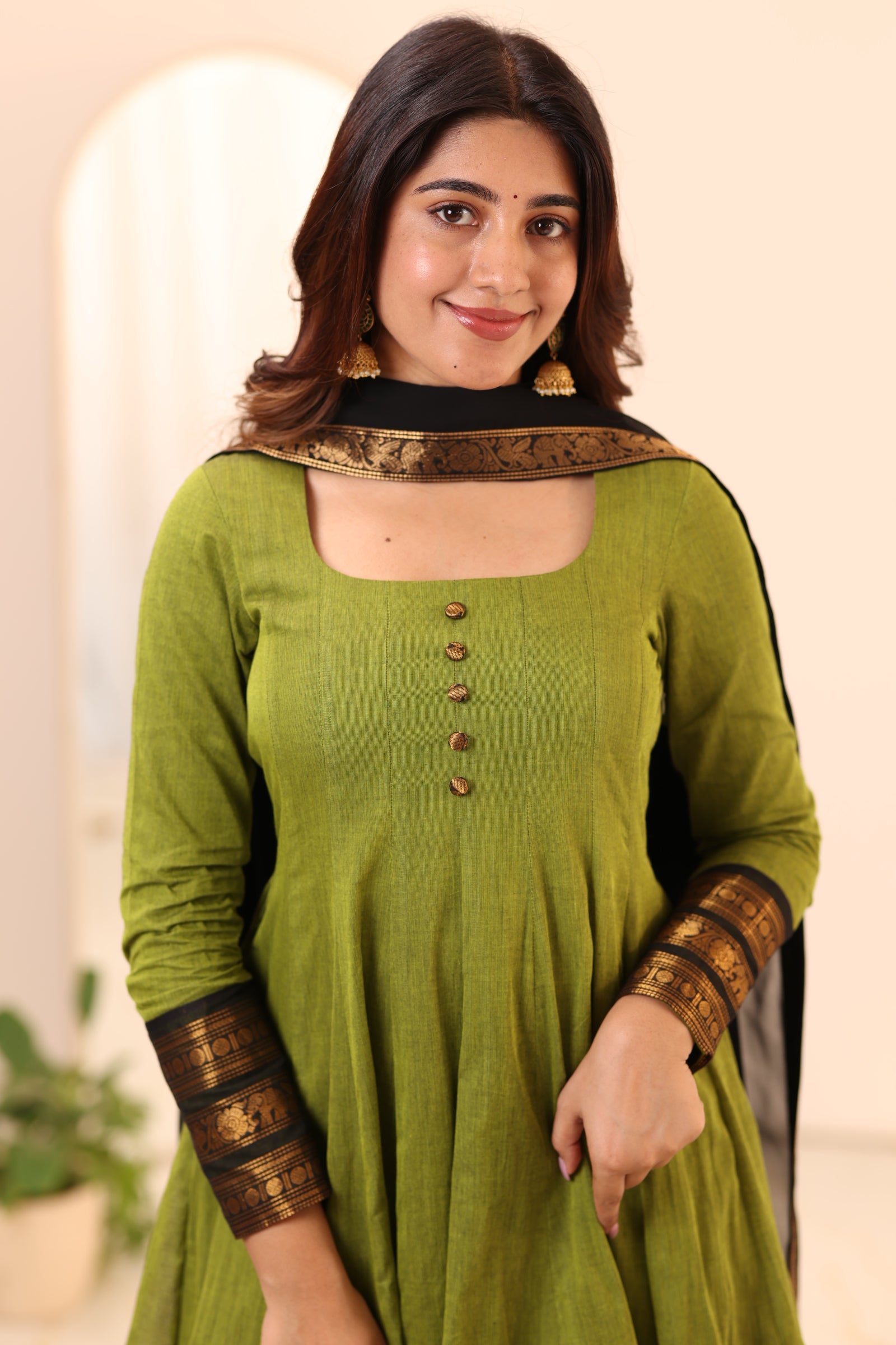 Olive Green with Black Zari Chettinad Cotton Kali Top and Dupatta