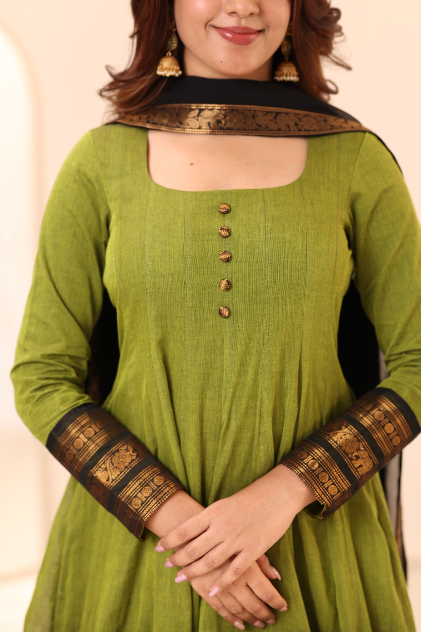 Olive Green with Black Zari Chettinad Cotton Kali Top and Dupatta