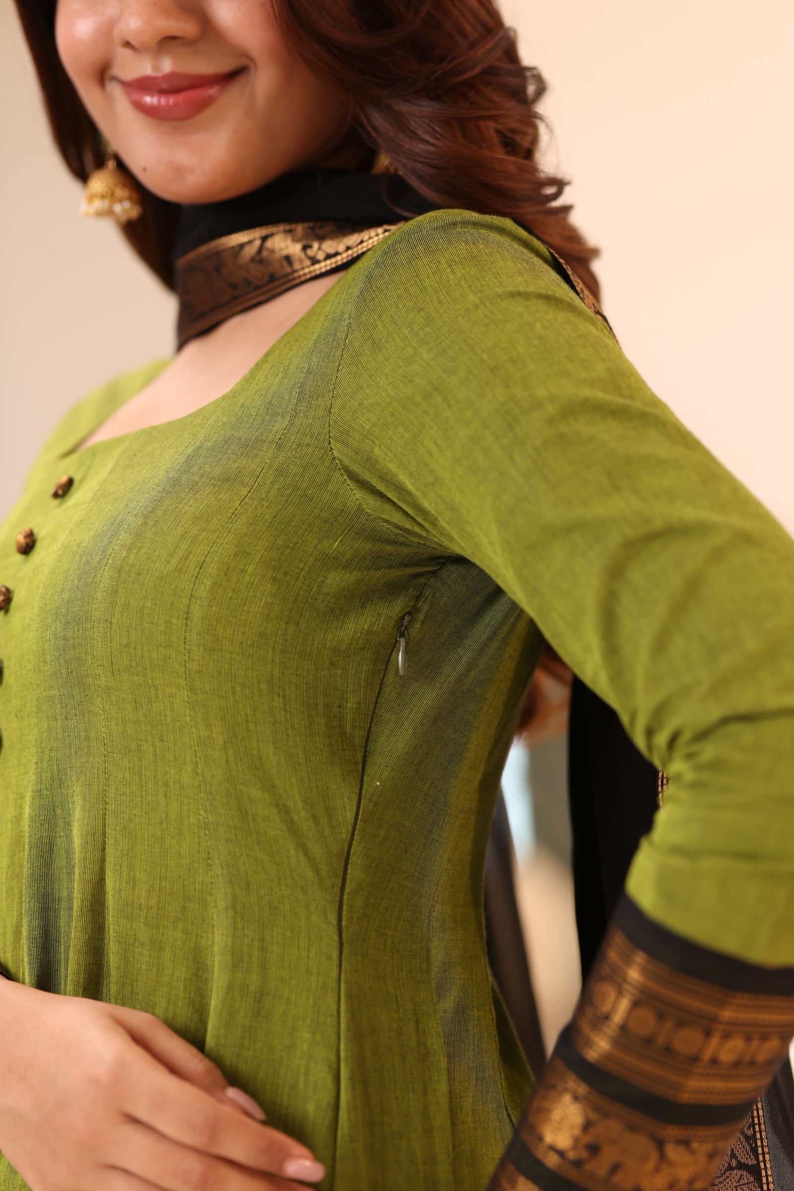 Olive Green with Black Zari Chettinad Cotton Kali Top and Dupatta