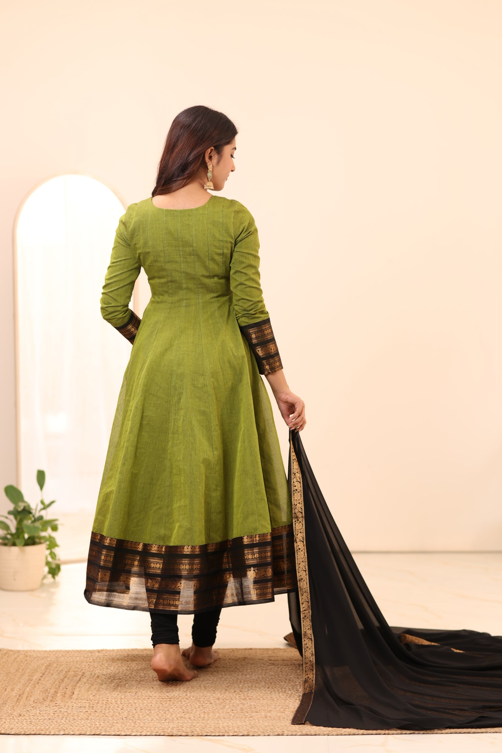 Olive Green with Black Zari Chettinad Cotton Kali Top and Dupatta