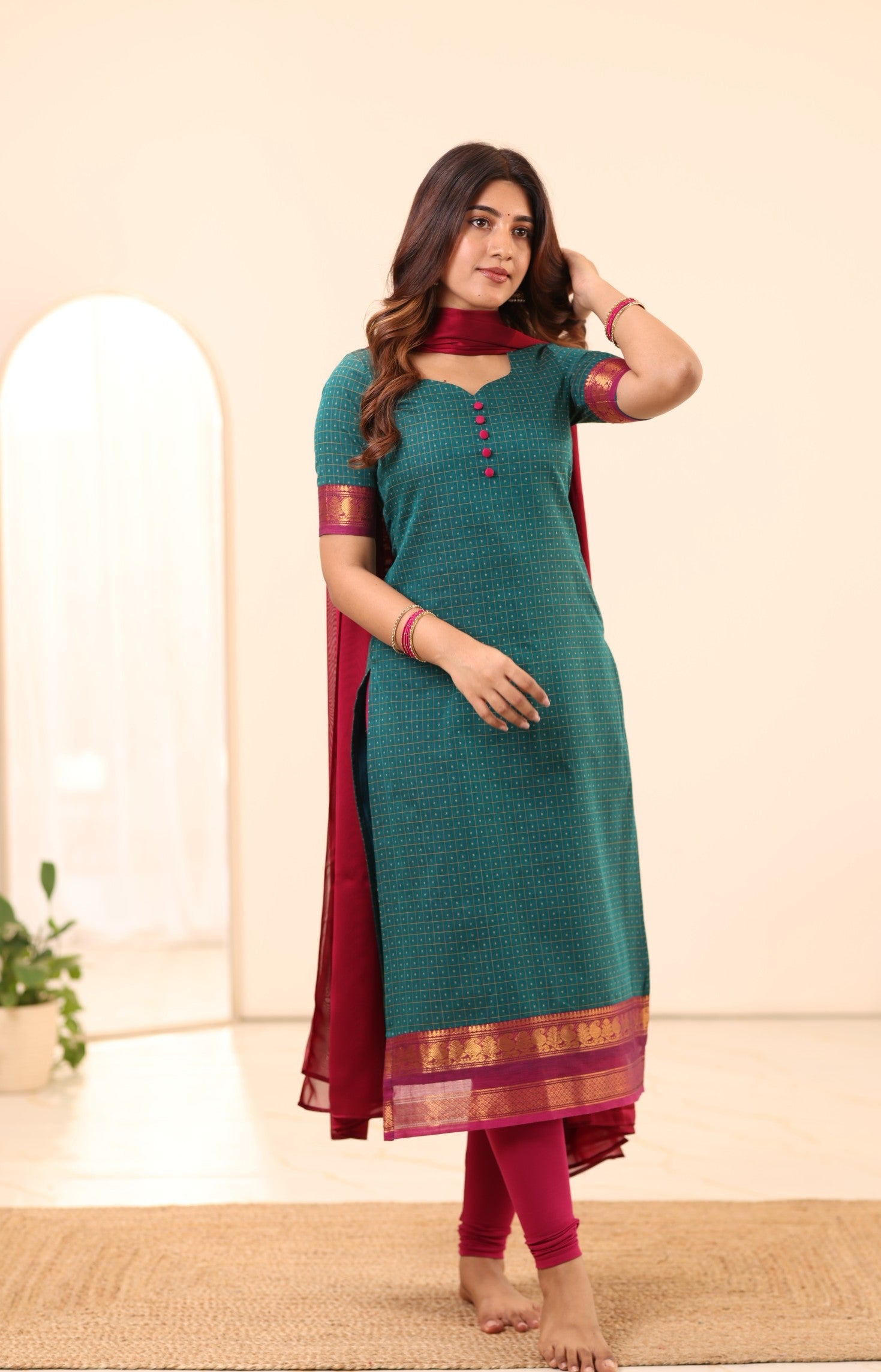 Peacock Green with Megenta Pink Border Chettinad Cotton Top and Dupatta