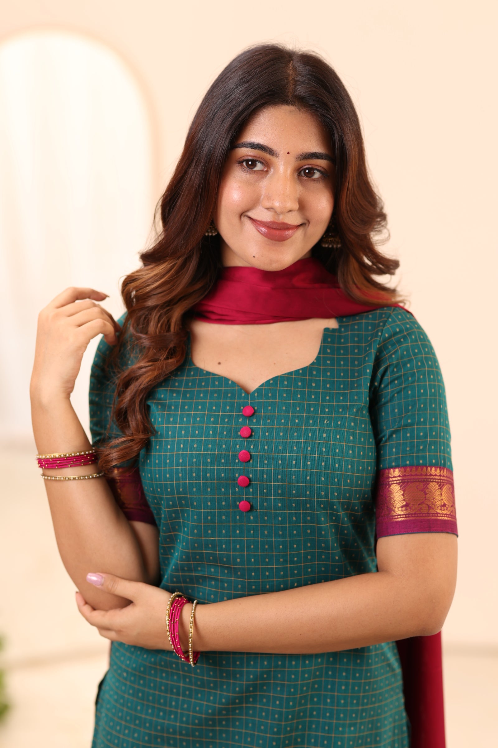 Peacock Green with Megenta Pink Border Chettinad Cotton Top and Dupatta