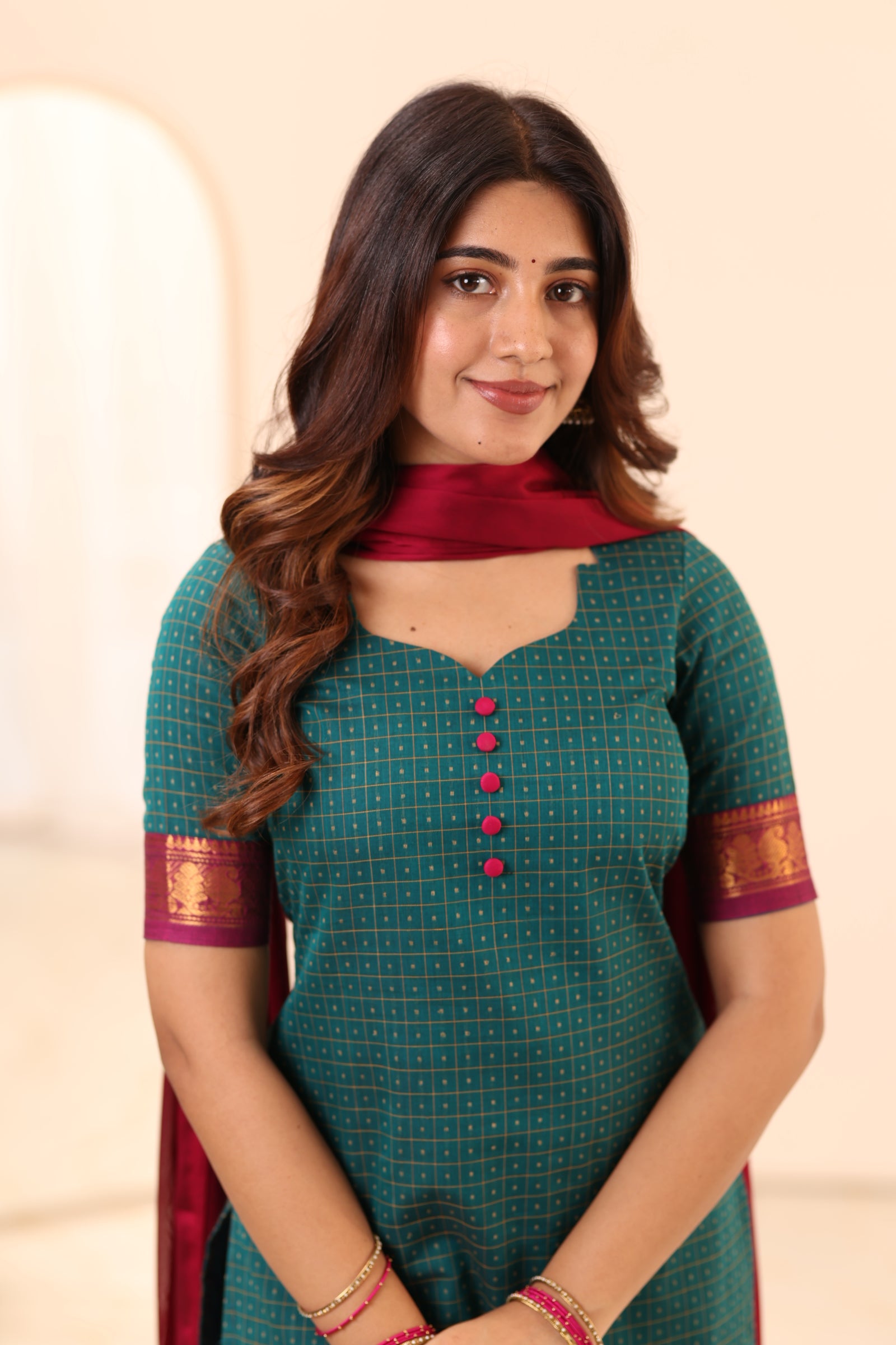 Peacock Green with Megenta Pink Border Chettinad Cotton Top and Dupatta