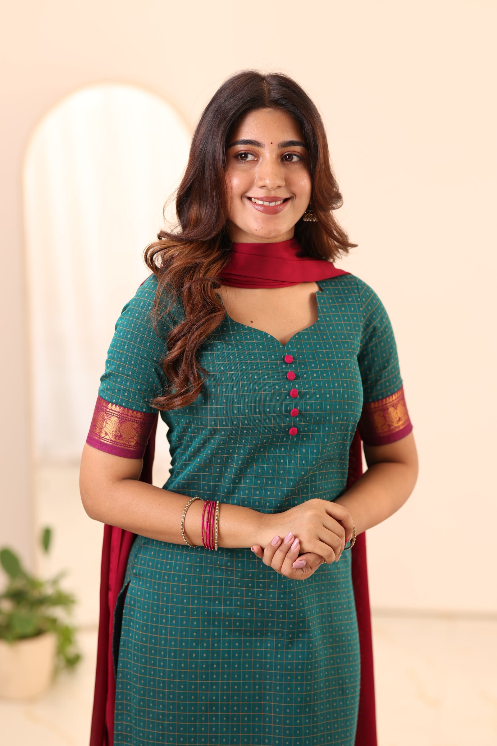 Peacock Green with Megenta Pink Border Chettinad Cotton Top and Dupatta