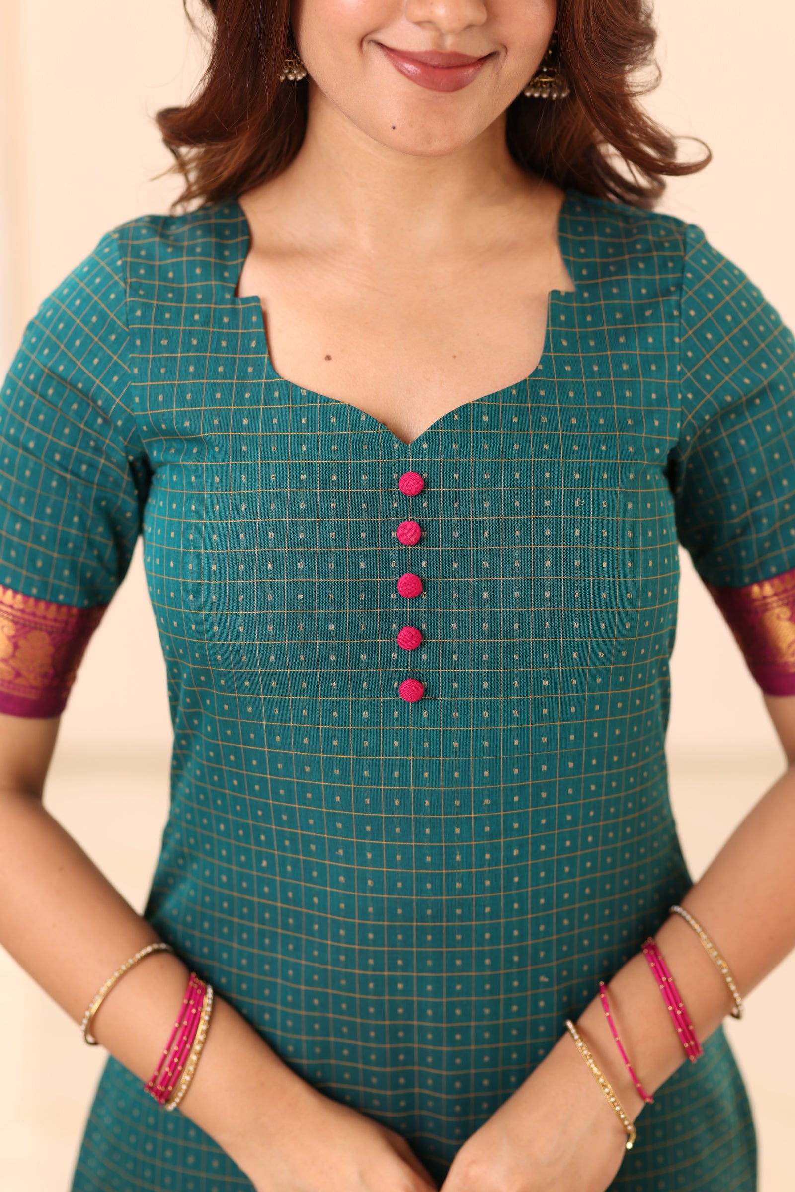 Peacock Green with Megenta Pink Border Chettinad Cotton Top and Dupatta