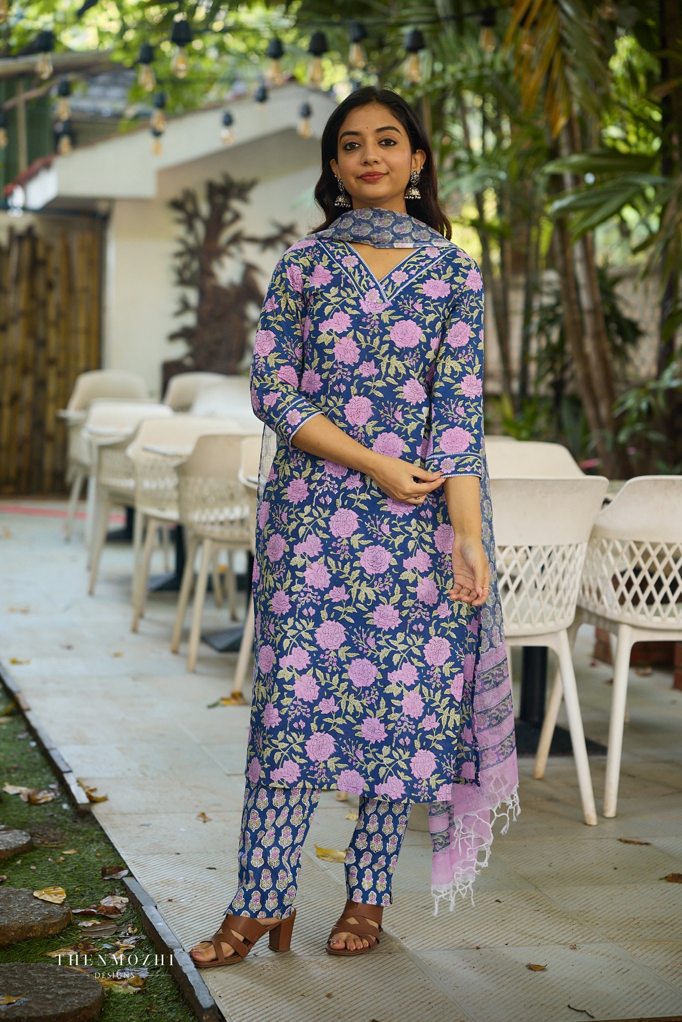 Navy Blue with Pink Floral Block Printed Cotton Kurta Suit Set with Kota Dupatta
