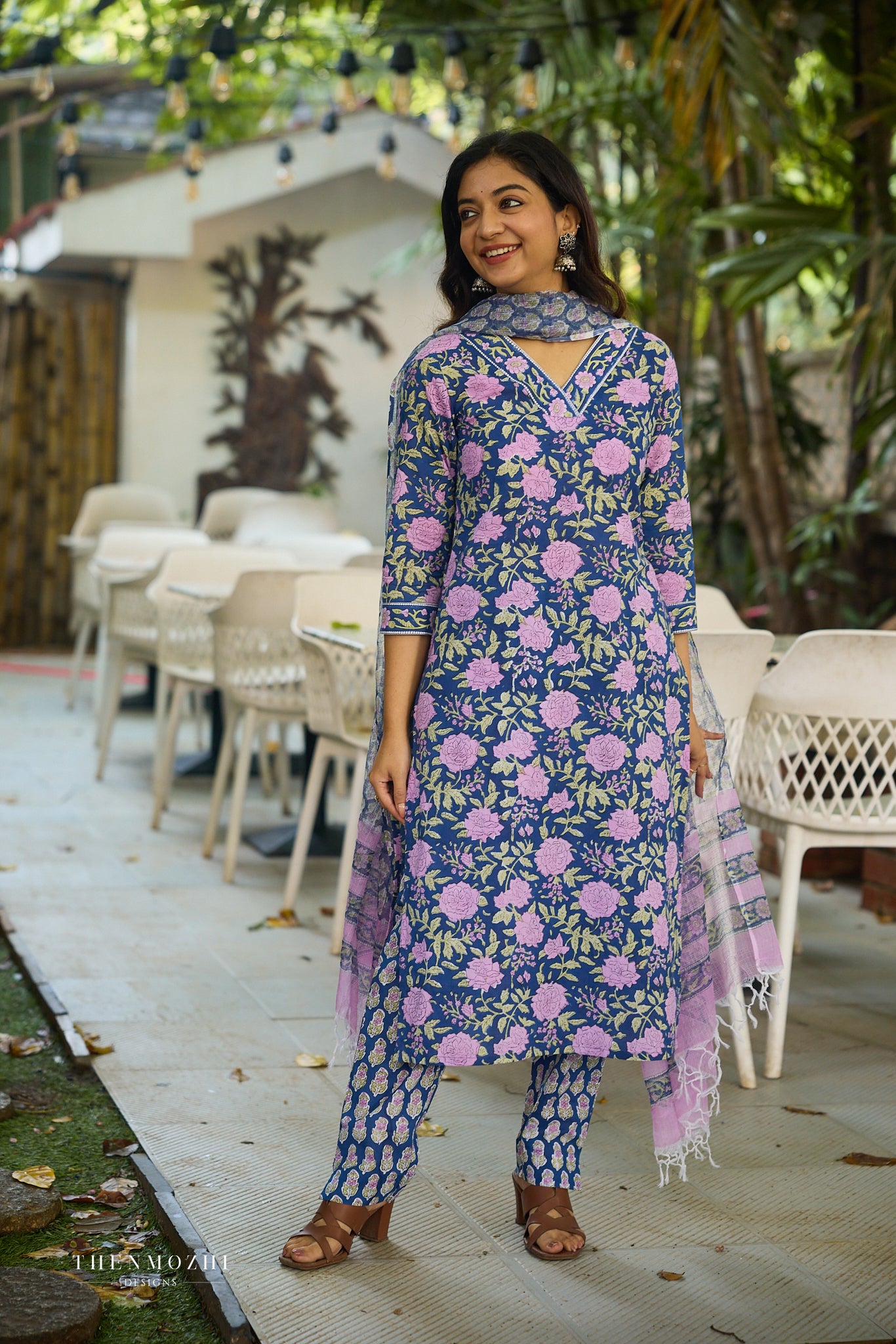 Navy Blue with Pink Floral Block Printed Cotton Kurta Suit Set with Kota Dupatta