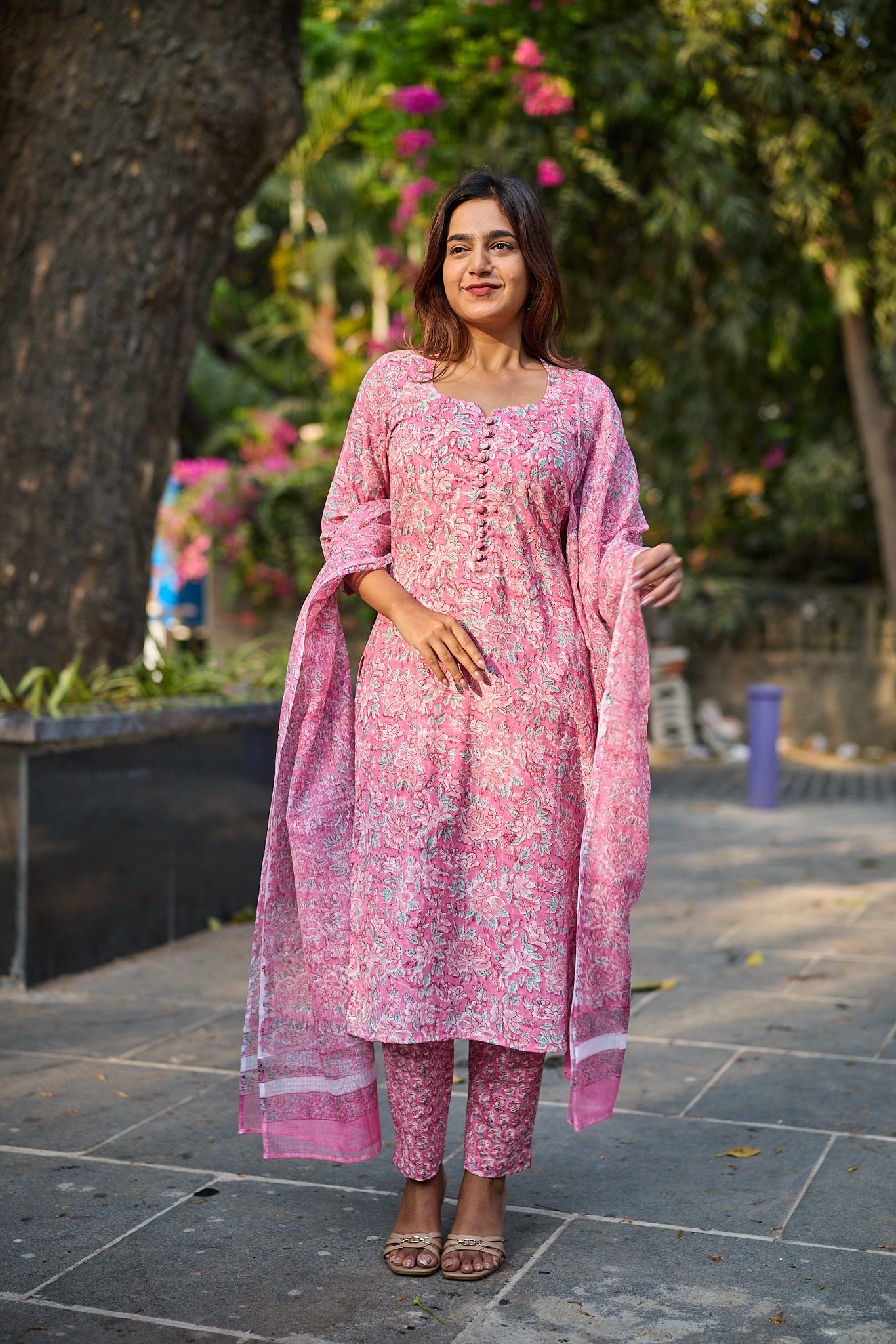 Rose Meadow with White Floral Print Cotton Salwar Suit with Kota Dupatta