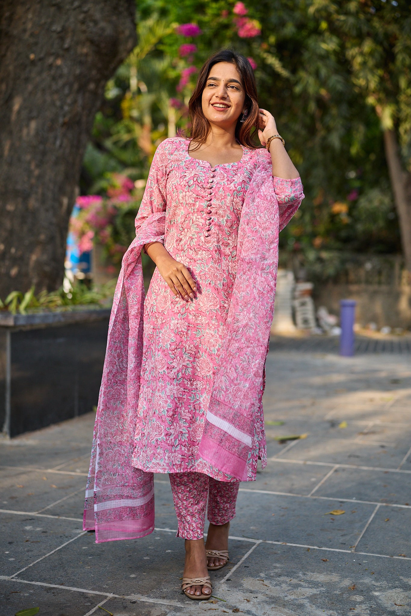 Rose Meadow with White Floral Print Cotton Salwar Suit with Kota Dupatta