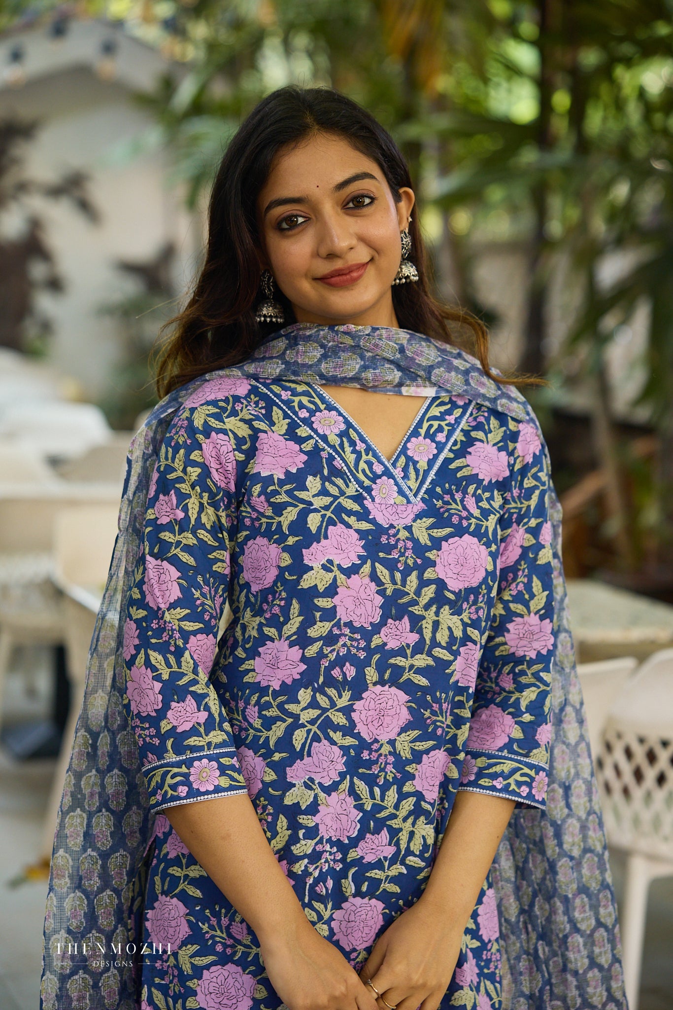 Navy Blue with Pink Floral Block Printed Cotton Kurta Suit Set with Kota Dupatta