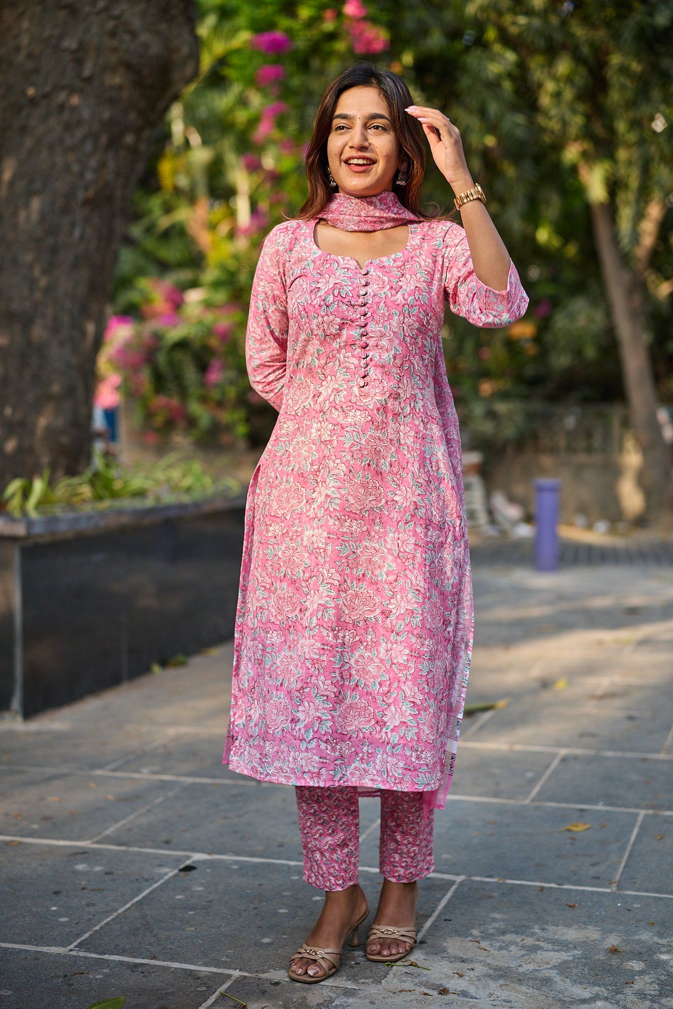 Rose Meadow with White Floral Print Cotton Salwar Suit with Kota Dupatta
