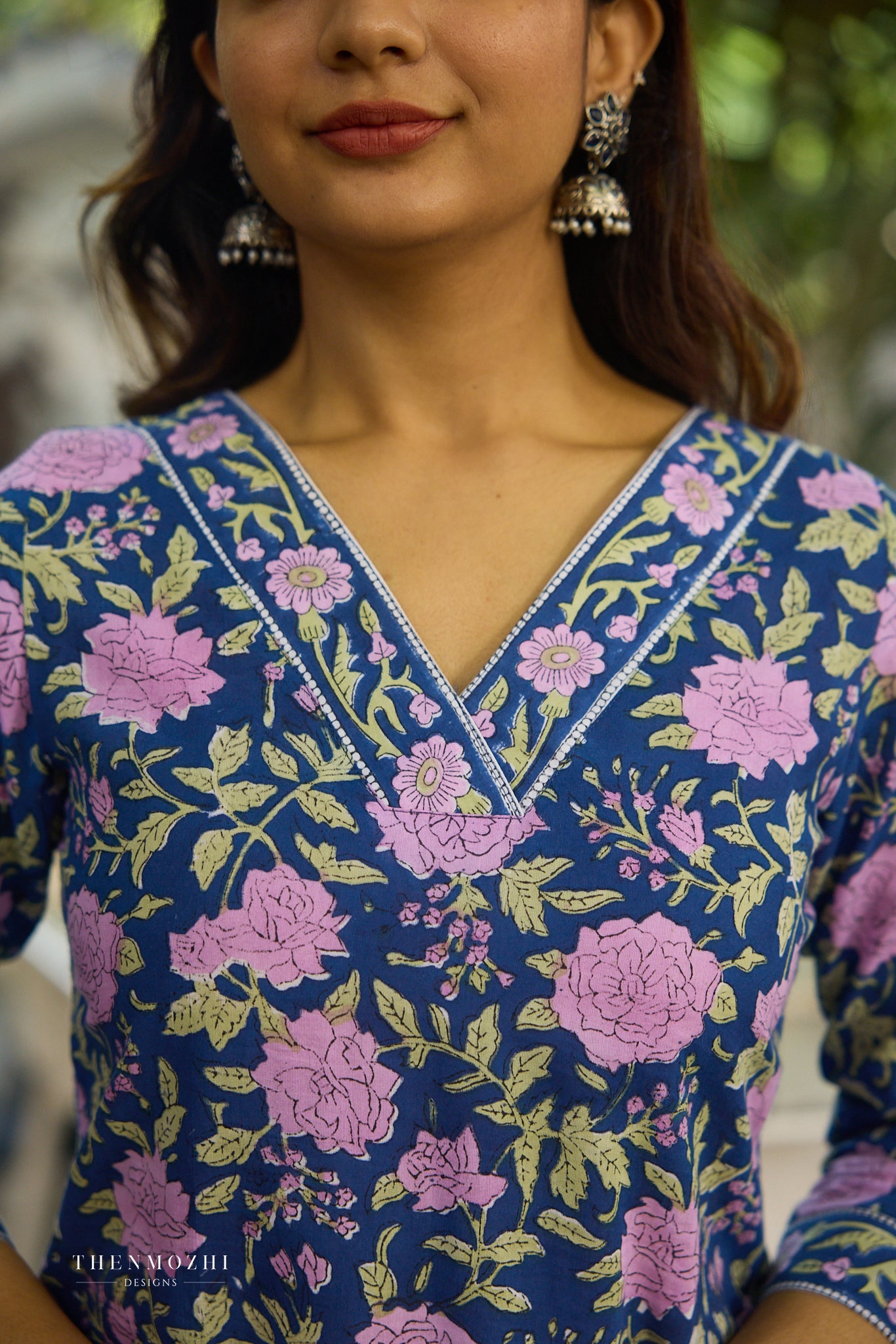 Navy Blue with Pink Floral Block Printed Cotton Kurta Suit Set with Kota Dupatta
