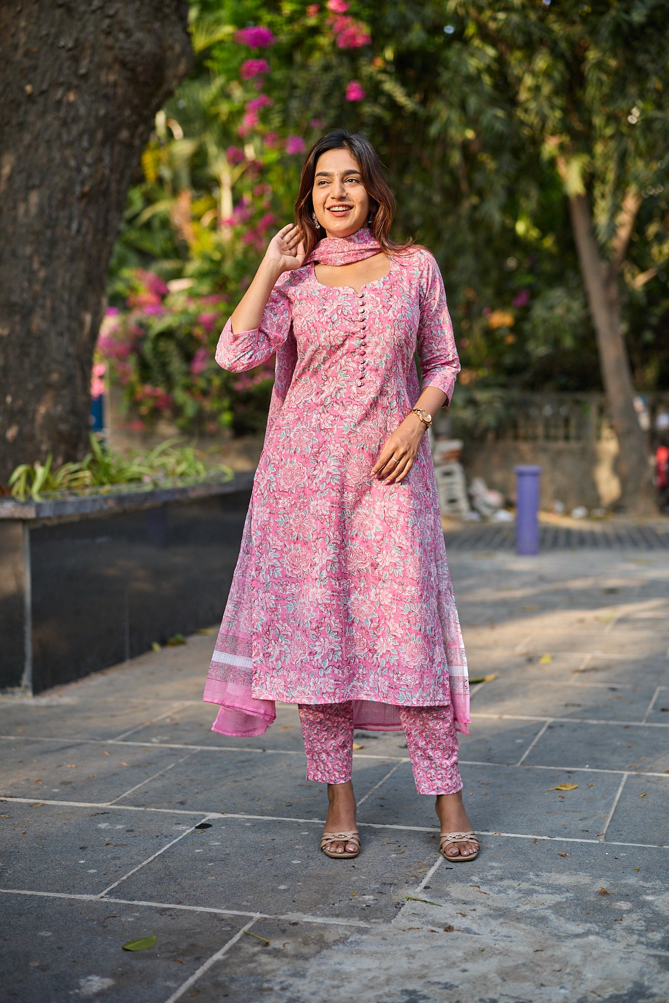 Rose Meadow with White Floral Print Cotton Salwar Suit with Kota Dupatta