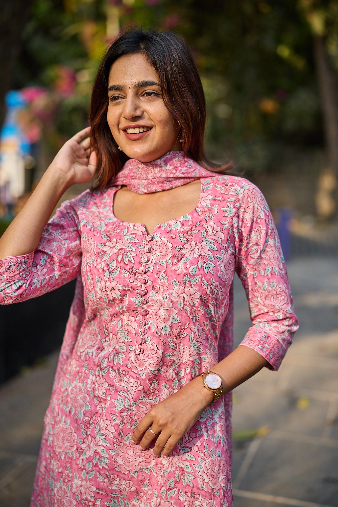 Rose Meadow with White Floral Print Cotton Salwar Suit with Kota Dupatta