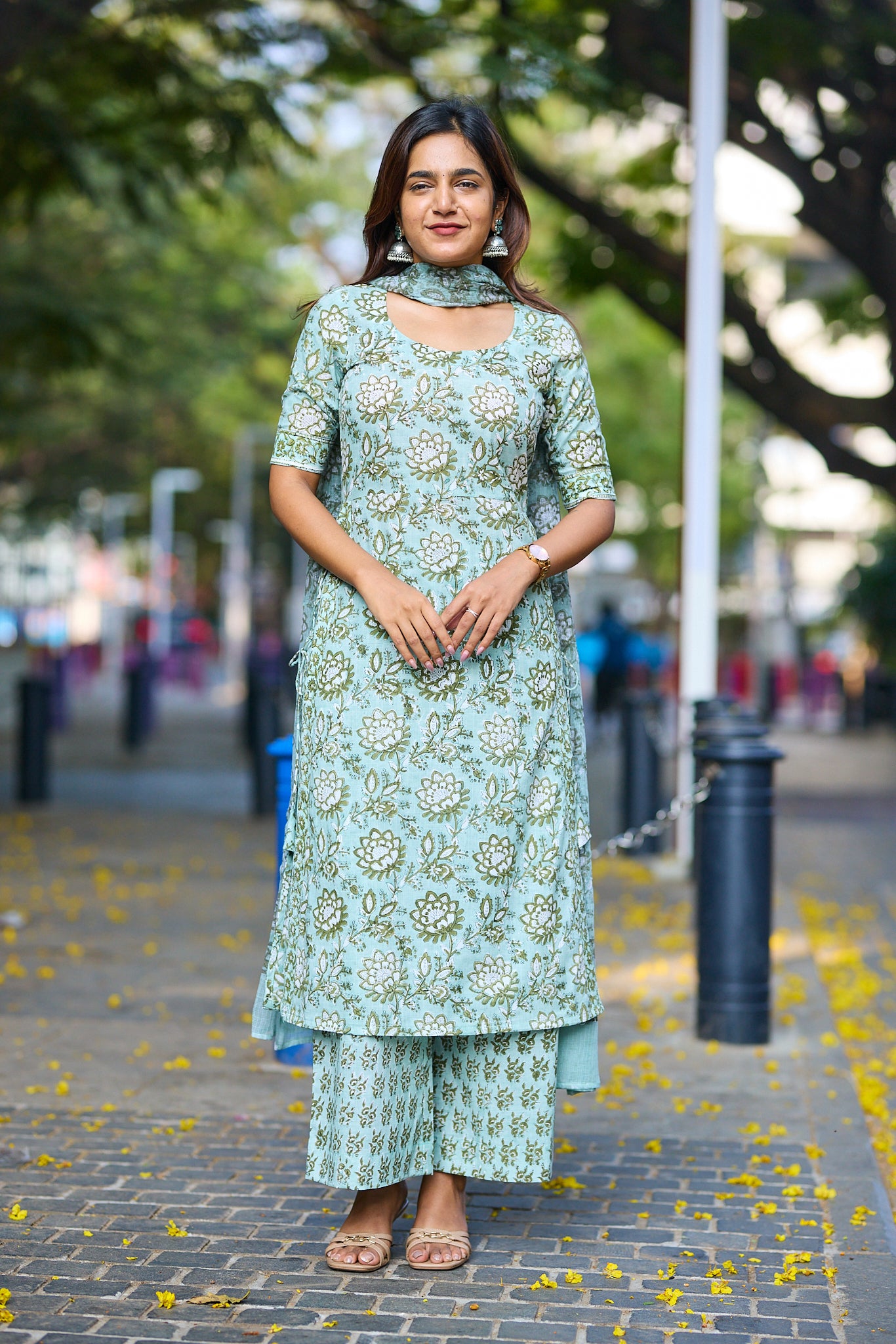 Soft Pastel Sage Green With Floral Block Print Cotton Salwar suit set with Kota Dupatta