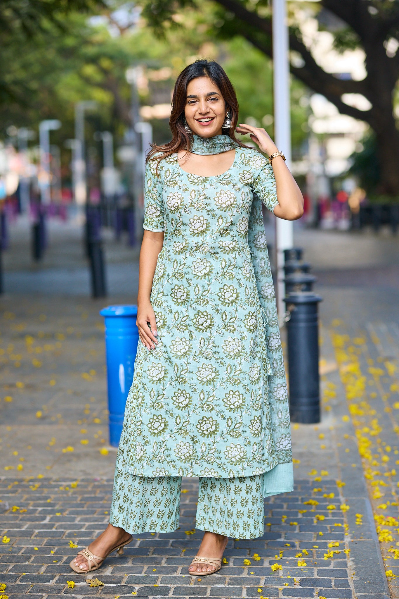 Soft Pastel Sage Green With Floral Block Print Cotton Salwar suit set with Kota Dupatta